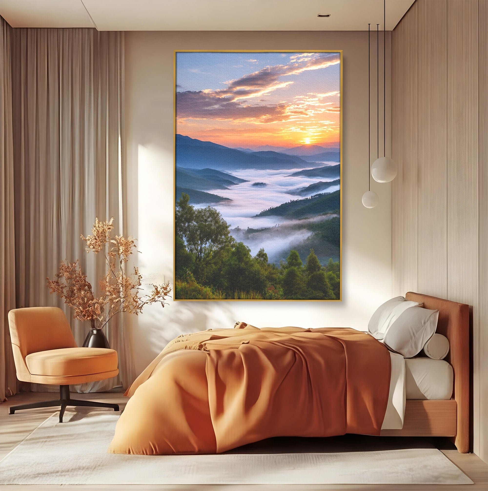 Tablou Canvas Premium LuxCanva® A1664, Rasarit Peste Munti, Peisaj, Munti, Rasarit, Natura, Ceata, Living, Dormitor, Culori Vibrante