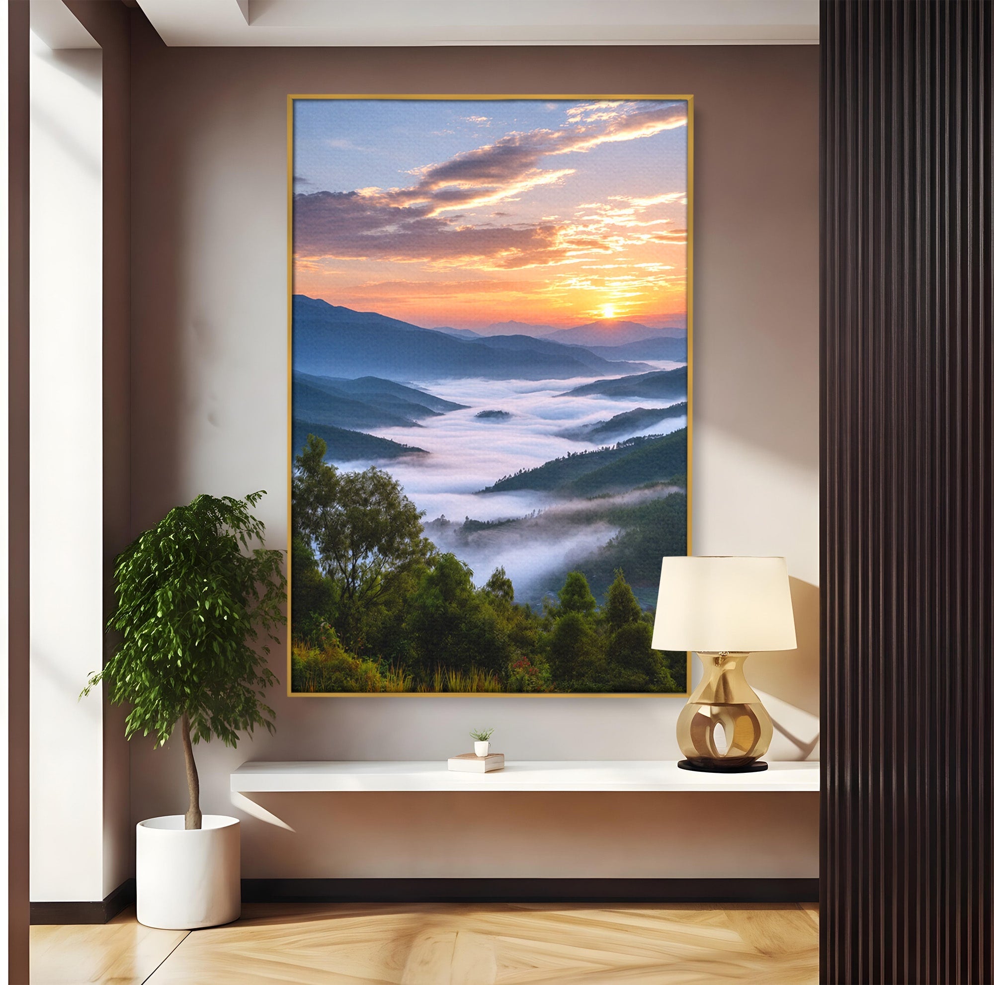 Tablou Canvas Premium LuxCanva® A1664, Rasarit Peste Munti, Peisaj, Munti, Rasarit, Natura, Ceata, Living, Dormitor, Culori Vibrante