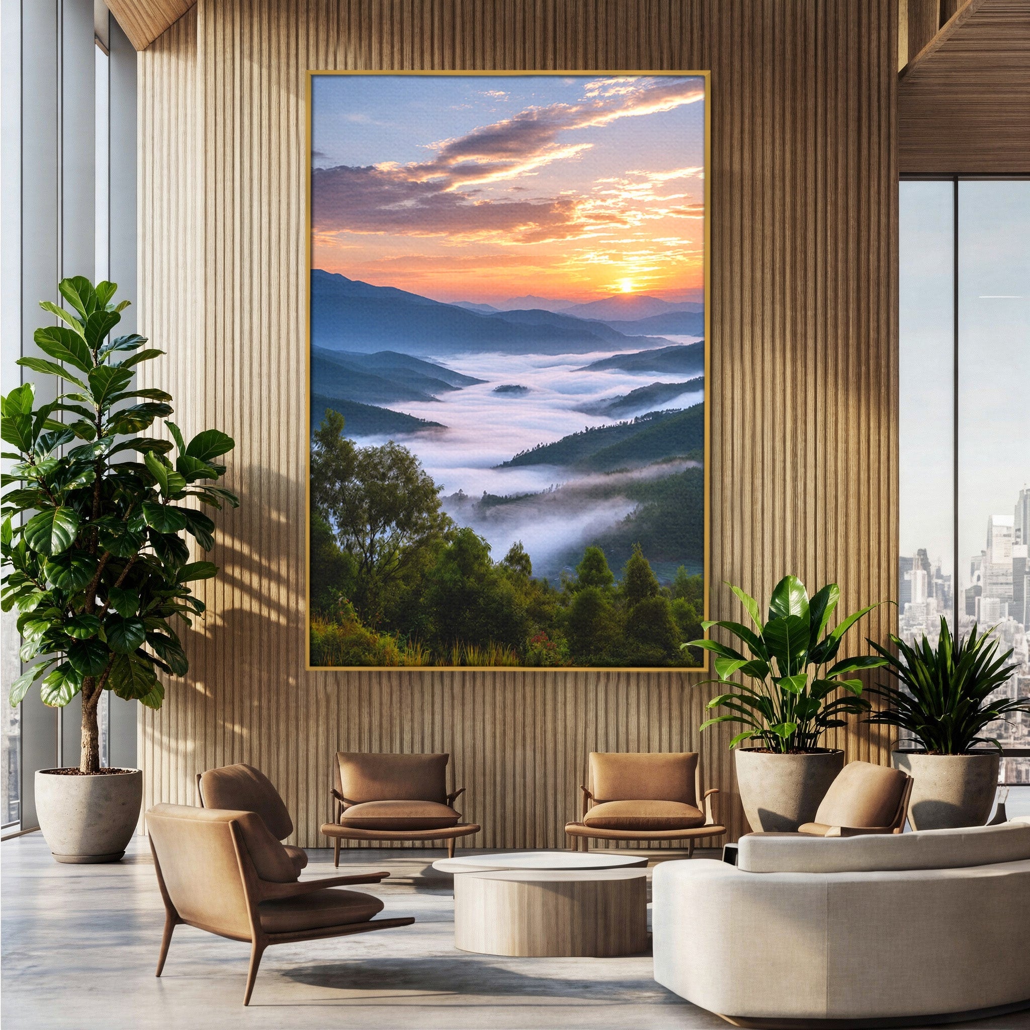 Tablou Canvas Premium LuxCanva® A1664, Rasarit Peste Munti, Peisaj, Munti, Rasarit, Natura, Ceata, Living, Dormitor, Culori Vibrante