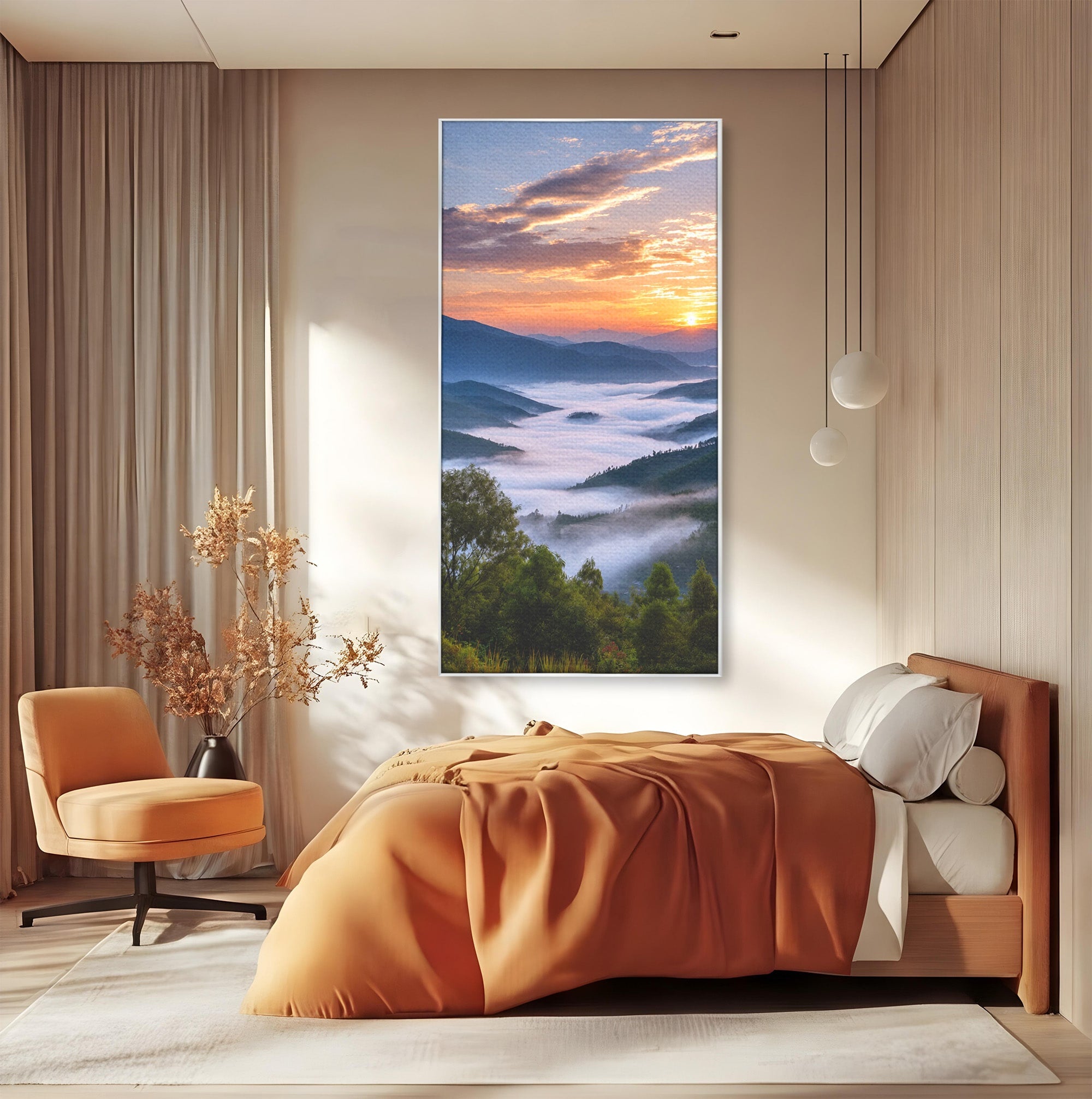 Tablou Canvas Premium LuxCanva® A1664, Rasarit Peste Munti, Peisaj, Munti, Rasarit, Natura, Ceata, Living, Dormitor, Culori Vibrante