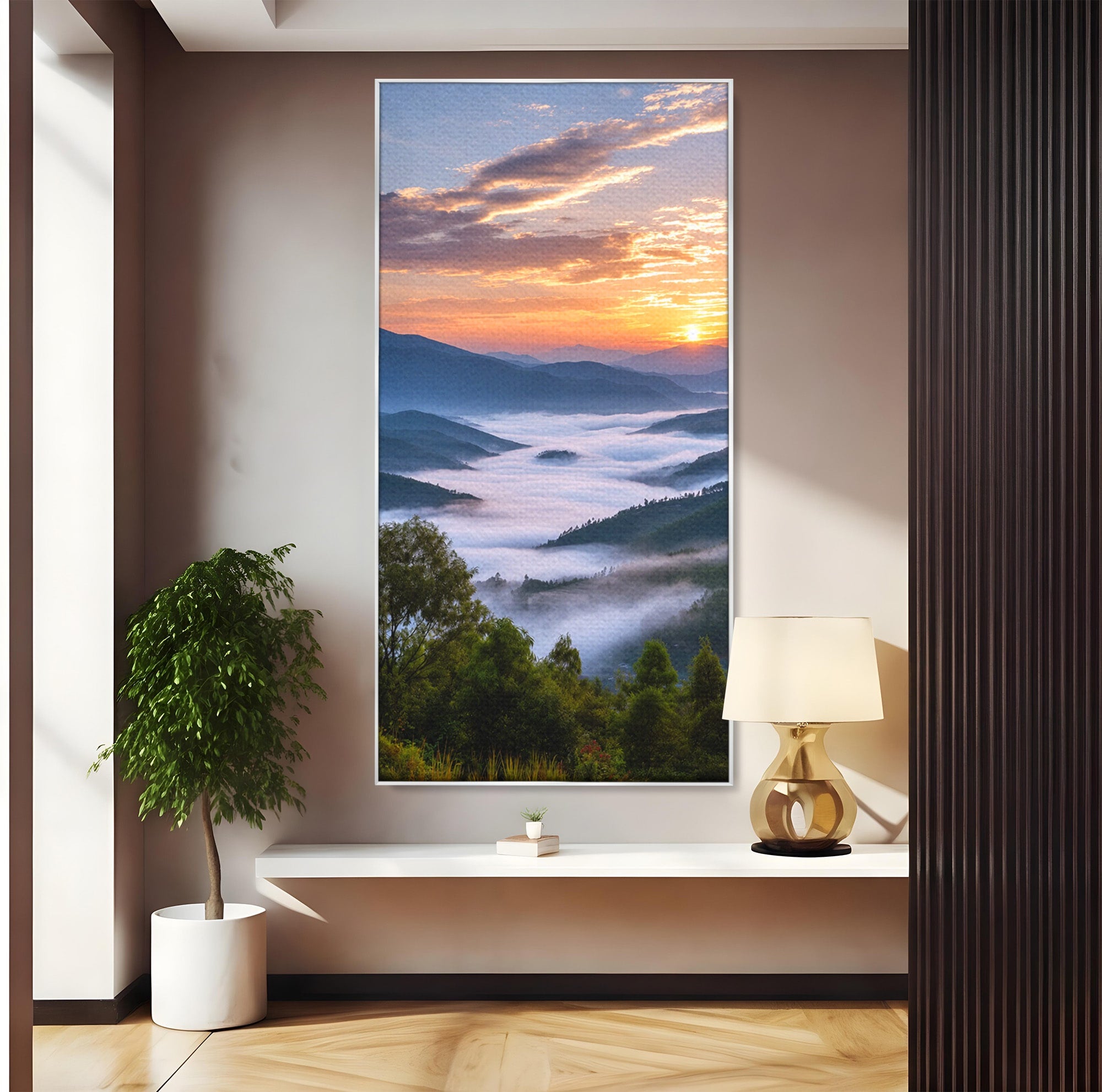 Tablou Canvas Premium LuxCanva® A1664, Rasarit Peste Munti, Peisaj, Munti, Rasarit, Natura, Ceata, Living, Dormitor, Culori Vibrante
