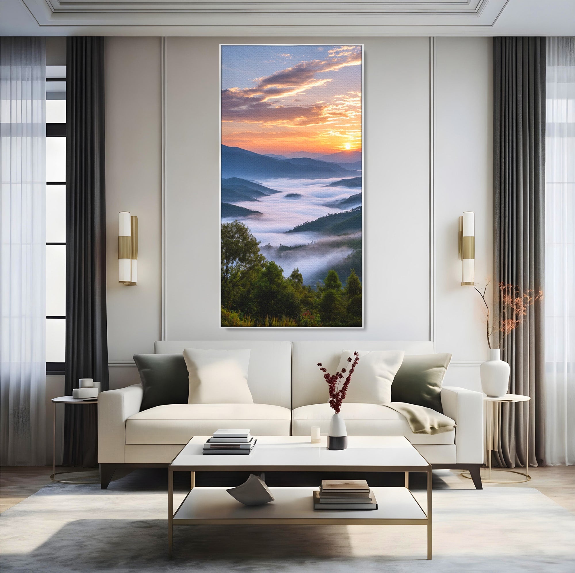 Tablou Canvas Premium LuxCanva® A1664, Rasarit Peste Munti, Peisaj, Munti, Rasarit, Natura, Ceata, Living, Dormitor, Culori Vibrante