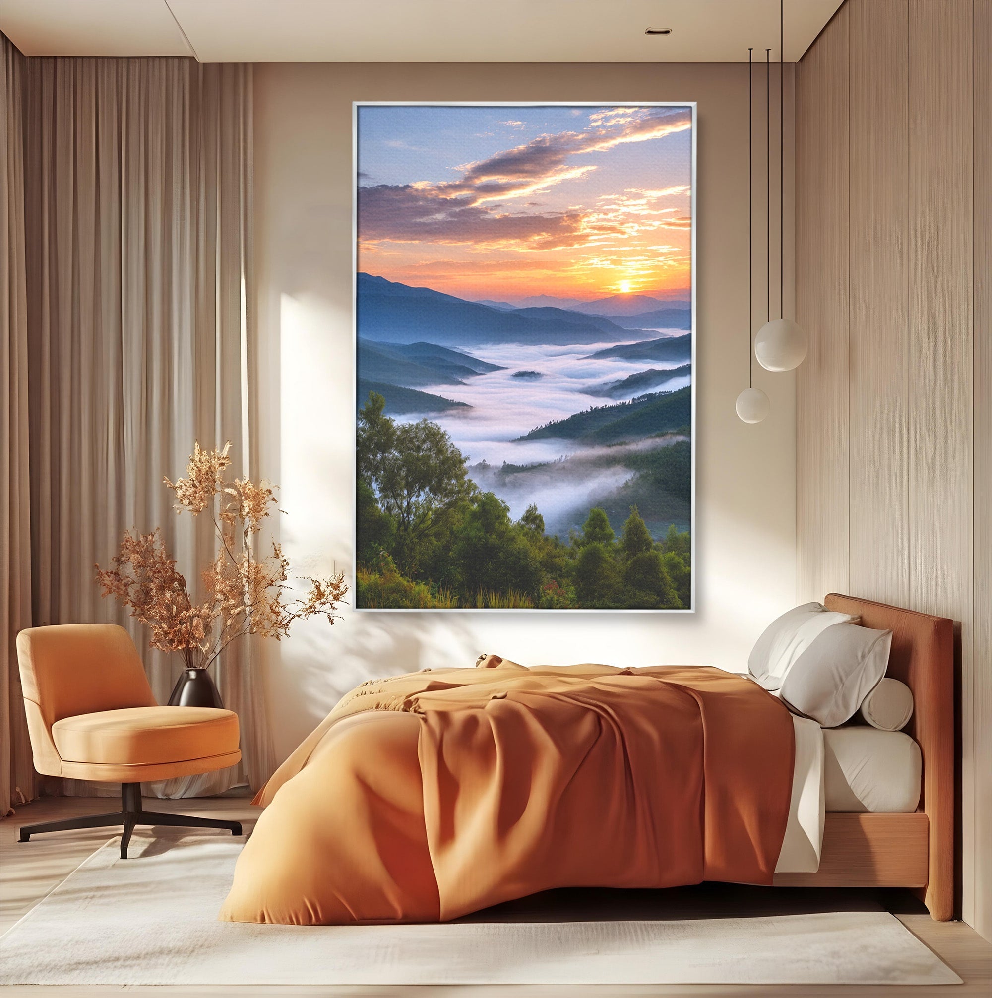 Tablou Canvas Premium LuxCanva® A1664, Rasarit Peste Munti, Peisaj, Munti, Rasarit, Natura, Ceata, Living, Dormitor, Culori Vibrante