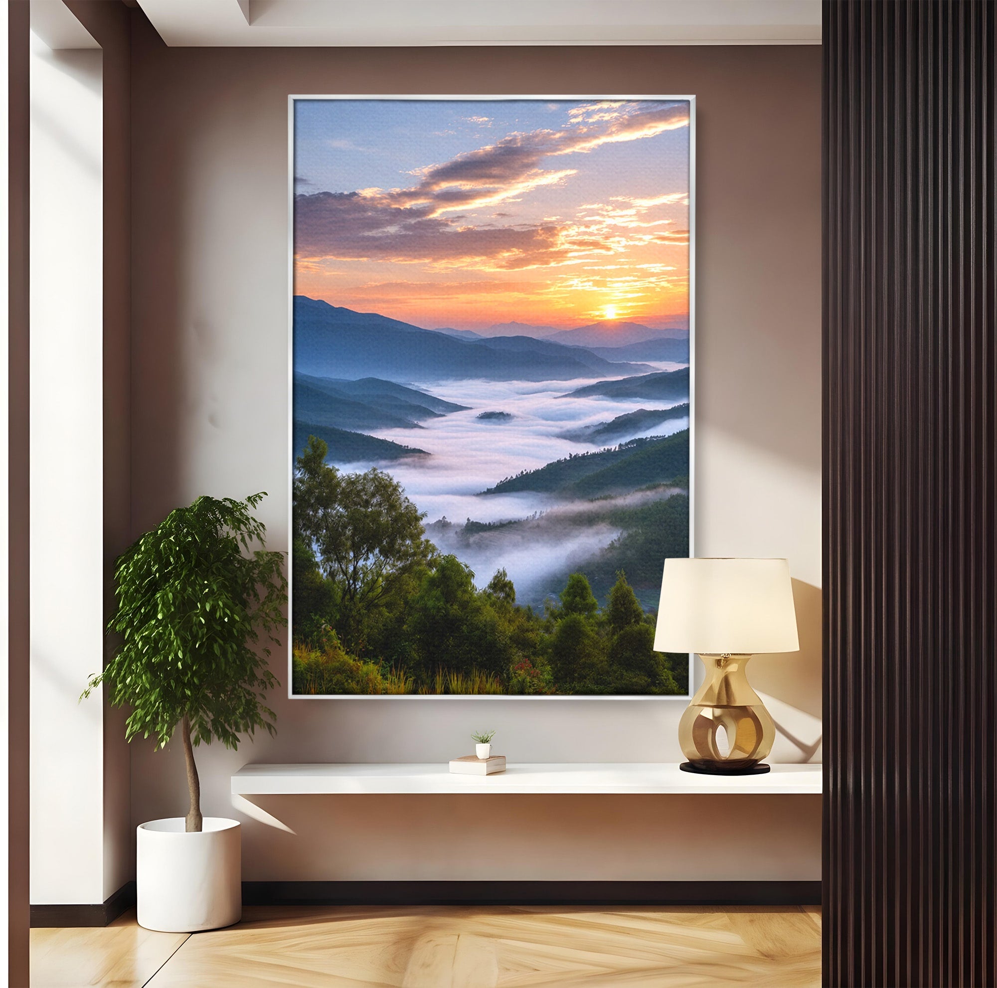 Tablou Canvas Premium LuxCanva® A1664, Rasarit Peste Munti, Peisaj, Munti, Rasarit, Natura, Ceata, Living, Dormitor, Culori Vibrante