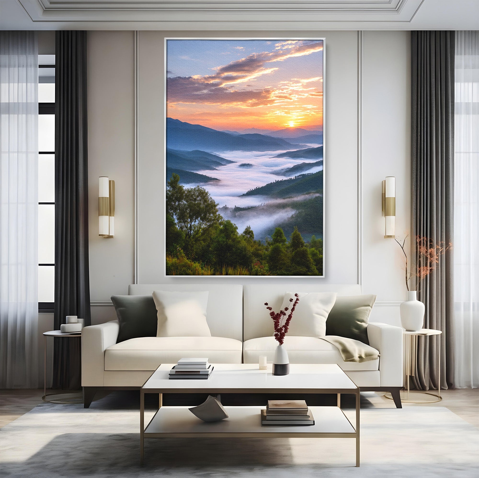 Tablou Canvas Premium LuxCanva® A1664, Rasarit Peste Munti, Peisaj, Munti, Rasarit, Natura, Ceata, Living, Dormitor, Culori Vibrante
