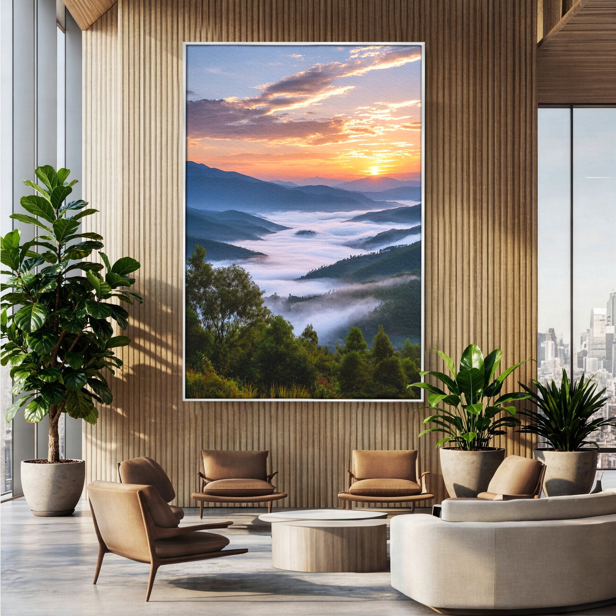 Tablou Canvas Premium LuxCanva® A1664, Rasarit Peste Munti, Peisaj, Munti, Rasarit, Natura, Ceata, Living, Dormitor, Culori Vibrante