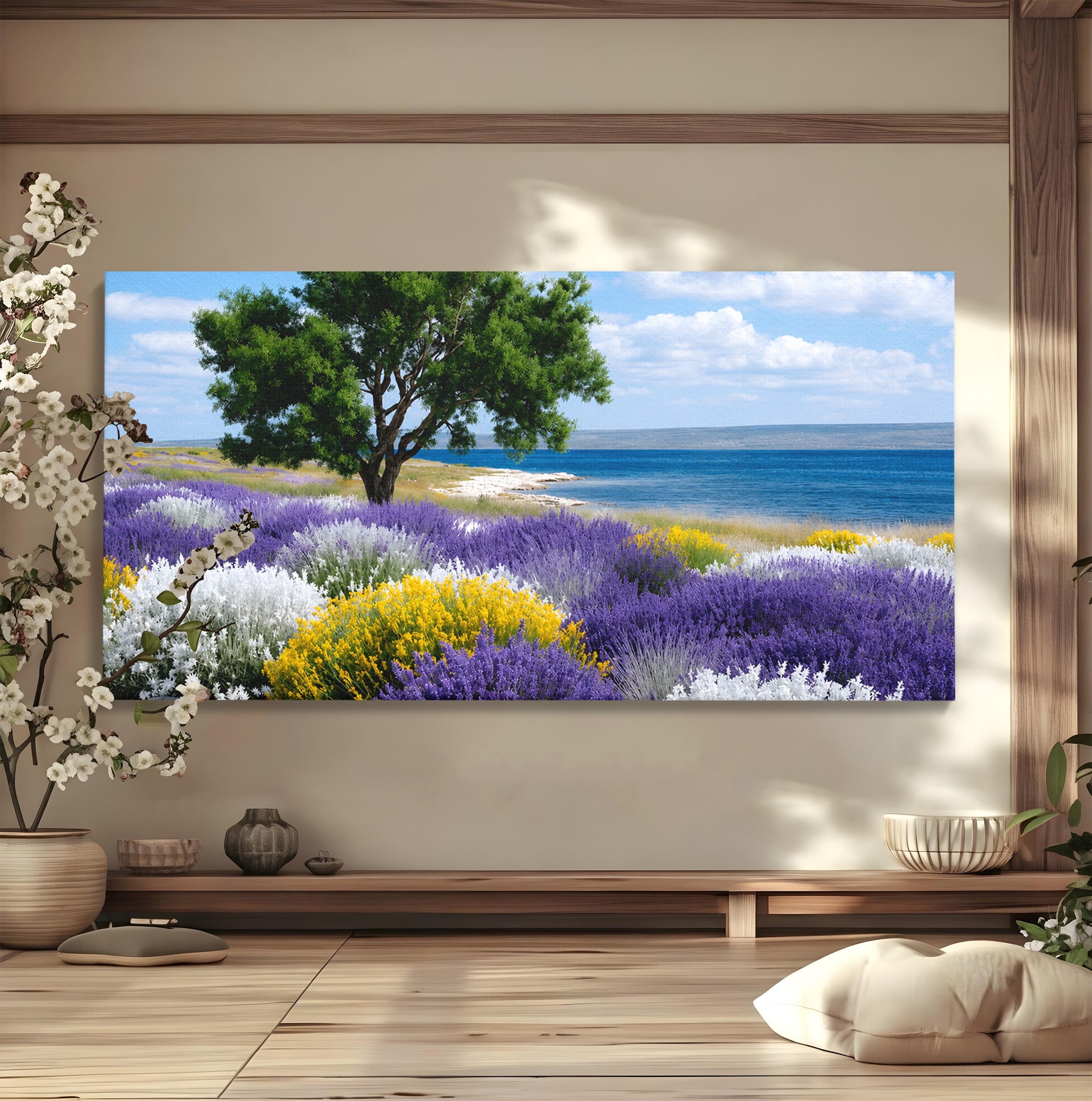 Tablou Canvas Premium LuxCanva® A1665, Peisaj De Vara Cu Lavanda, Peisaj, Lavanda, Copac, Natura, Vara, Living, Dormitor, Culori Vibrante