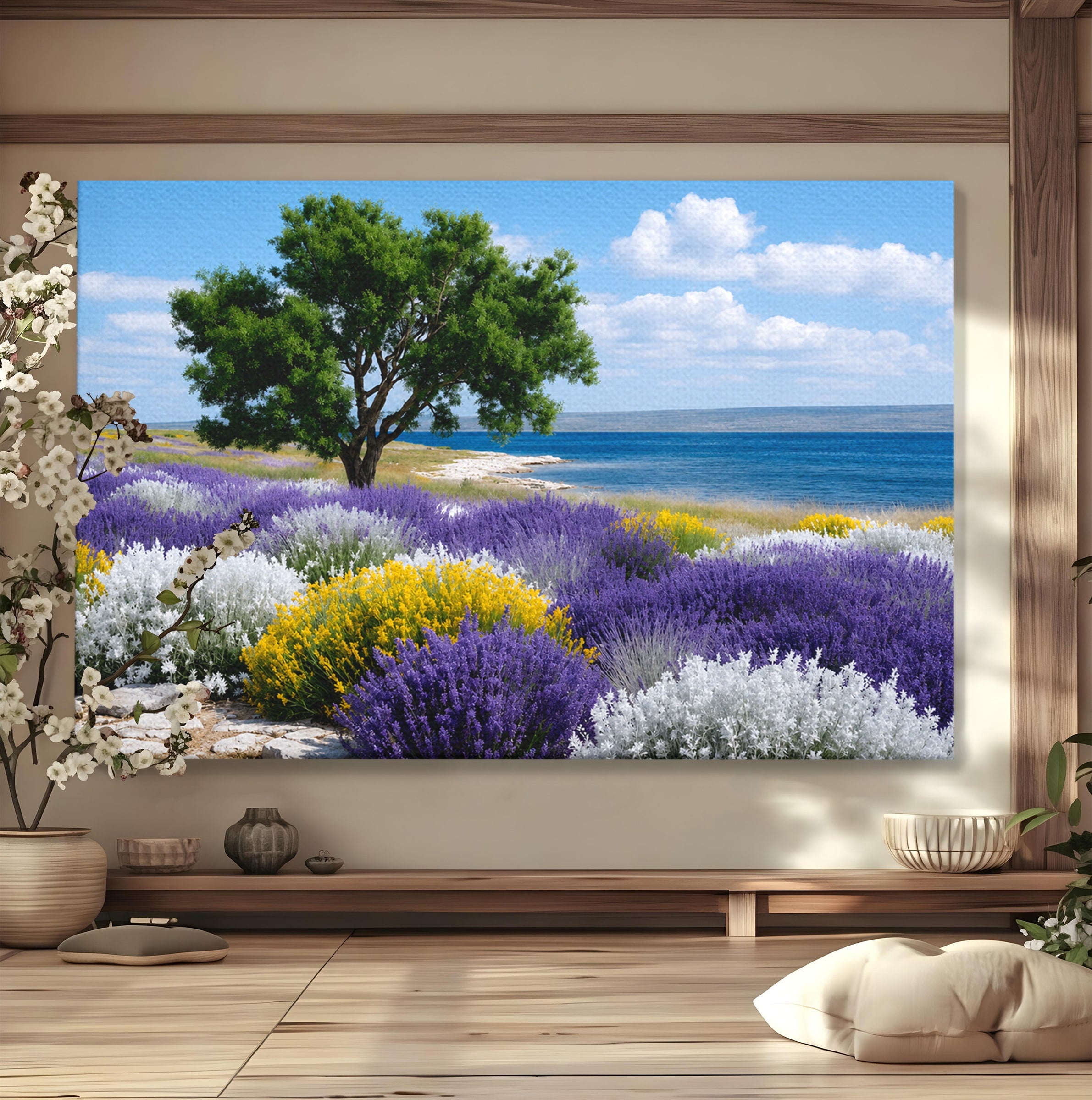 Tablou Canvas Premium LuxCanva® A1665, Peisaj De Vara Cu Lavanda, Peisaj, Lavanda, Copac, Natura, Vara, Living, Dormitor, Culori Vibrante