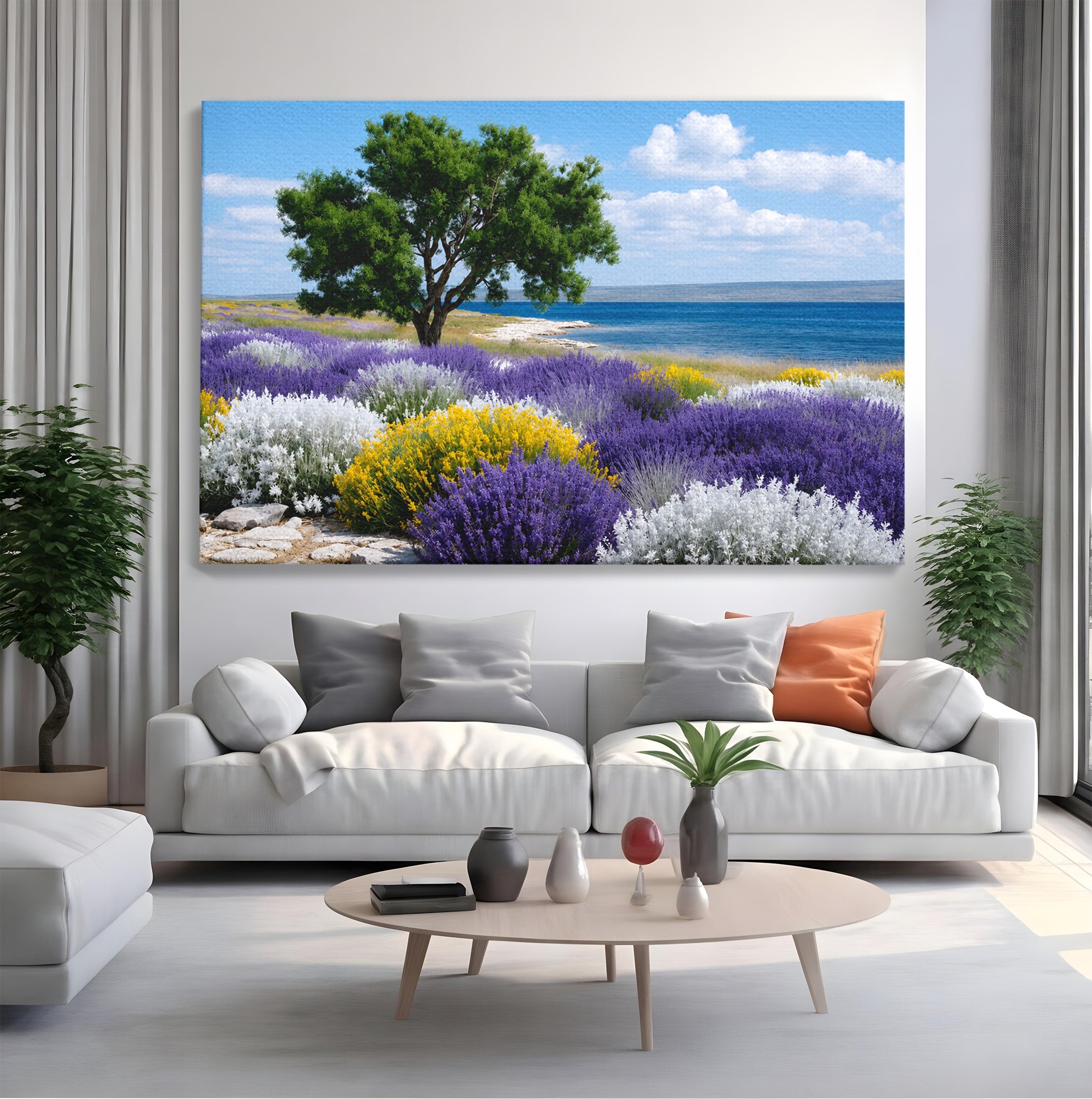Tablou Canvas Premium LuxCanva® A1665, Peisaj De Vara Cu Lavanda, Peisaj, Lavanda, Copac, Natura, Vara, Living, Dormitor, Culori Vibrante