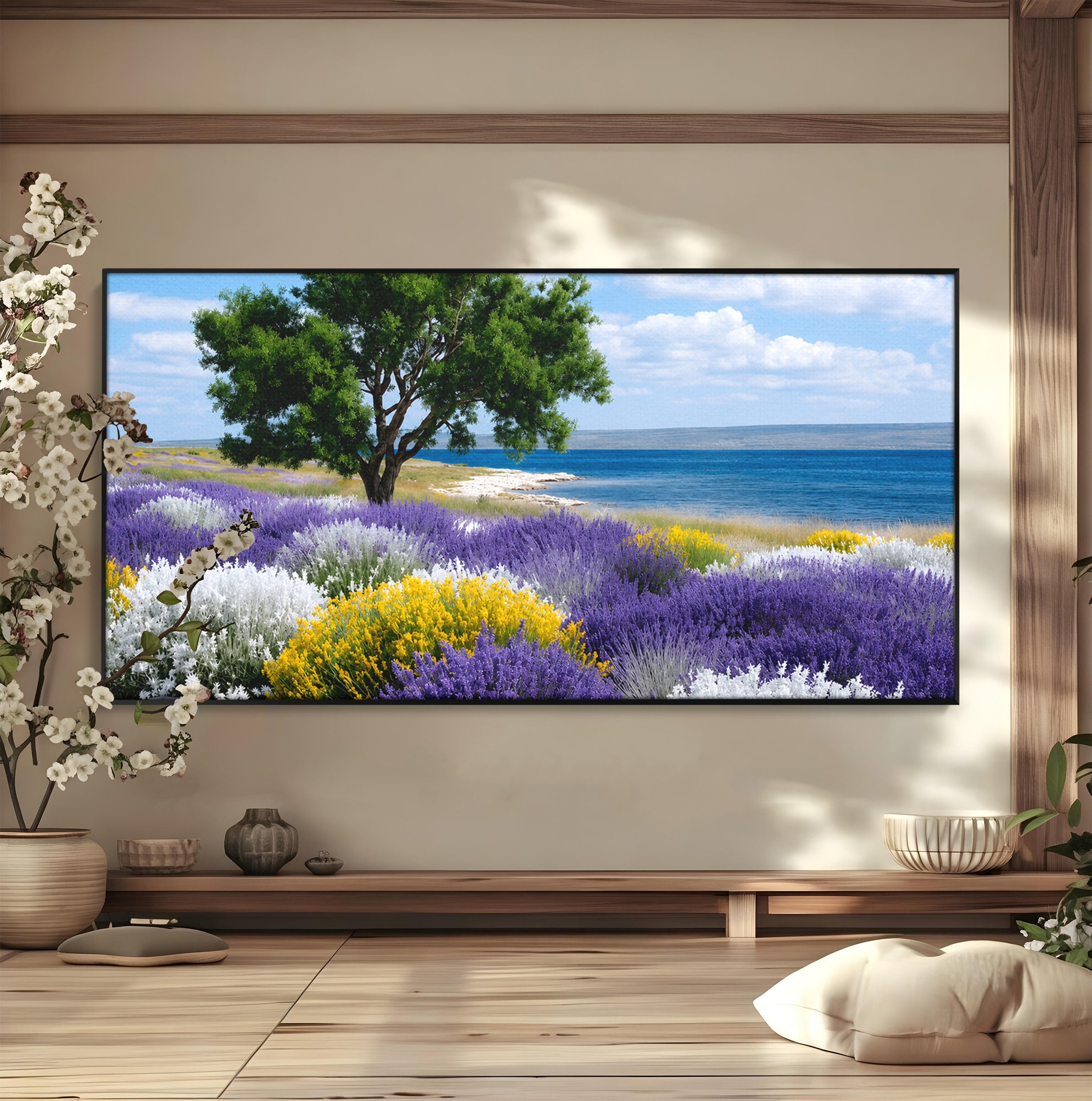 Tablou Canvas Premium LuxCanva® A1665, Peisaj De Vara Cu Lavanda, Peisaj, Lavanda, Copac, Natura, Vara, Living, Dormitor, Culori Vibrante