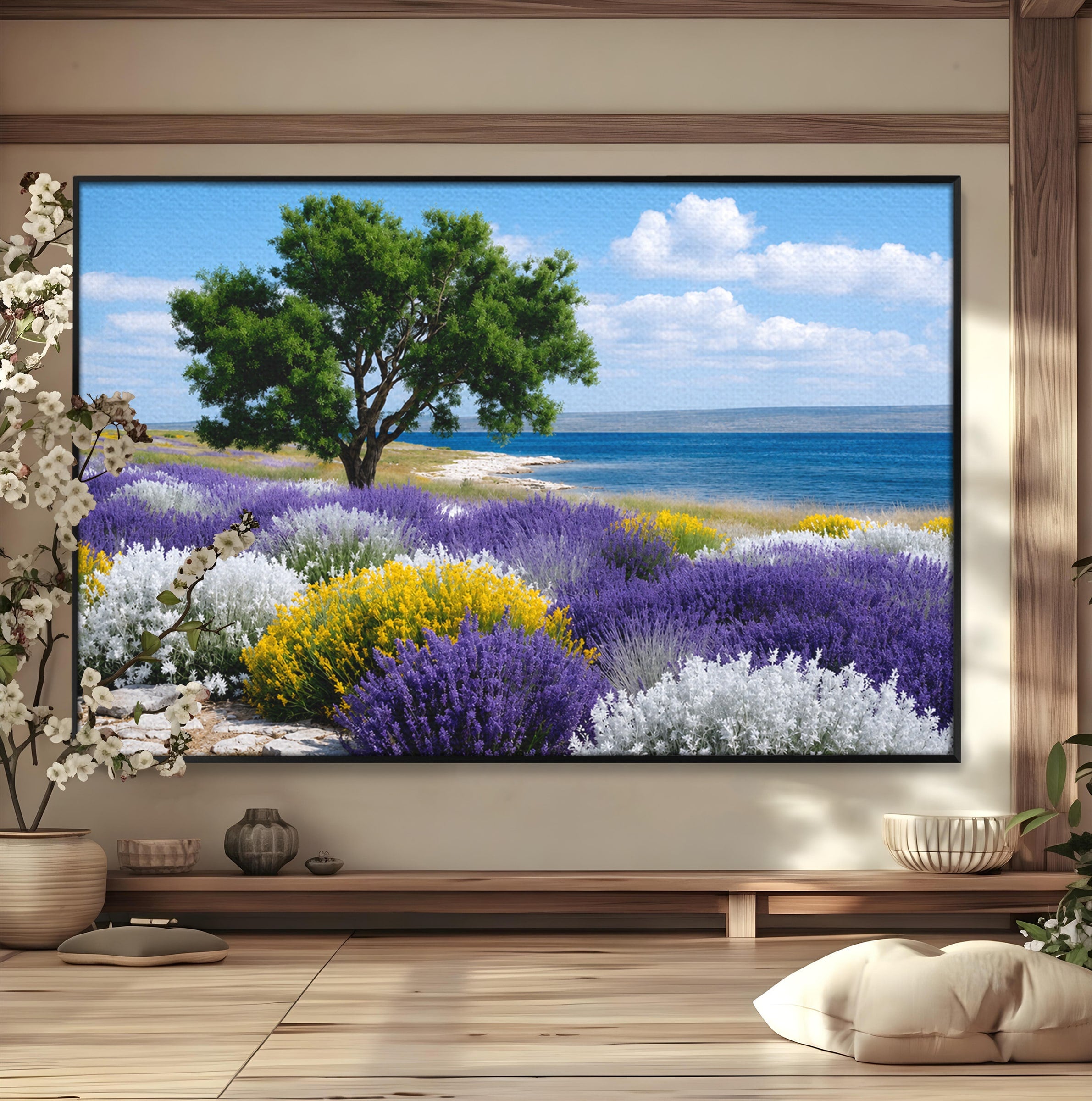 Tablou Canvas Premium LuxCanva® A1665, Peisaj De Vara Cu Lavanda, Peisaj, Lavanda, Copac, Natura, Vara, Living, Dormitor, Culori Vibrante
