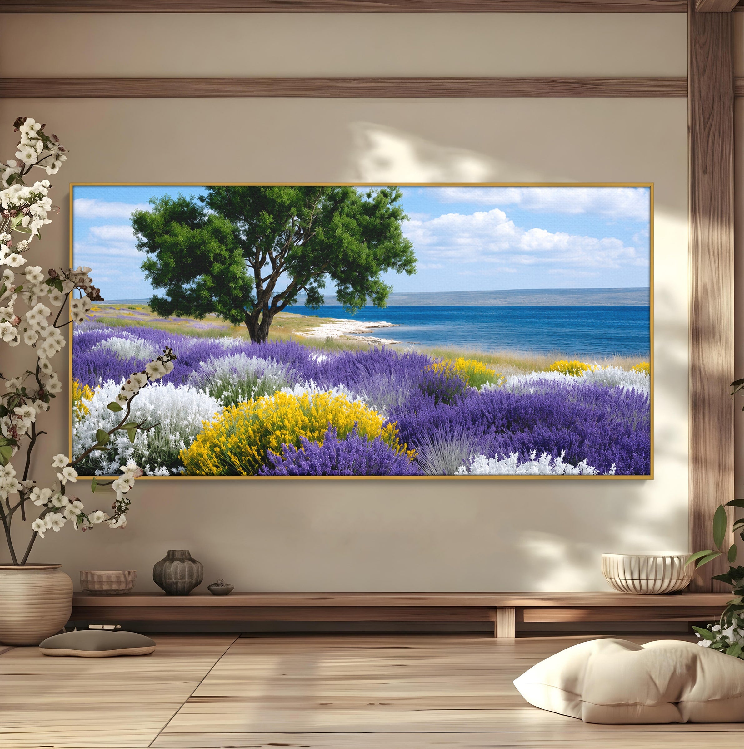 Tablou Canvas Premium LuxCanva® A1665, Peisaj De Vara Cu Lavanda, Peisaj, Lavanda, Copac, Natura, Vara, Living, Dormitor, Culori Vibrante
