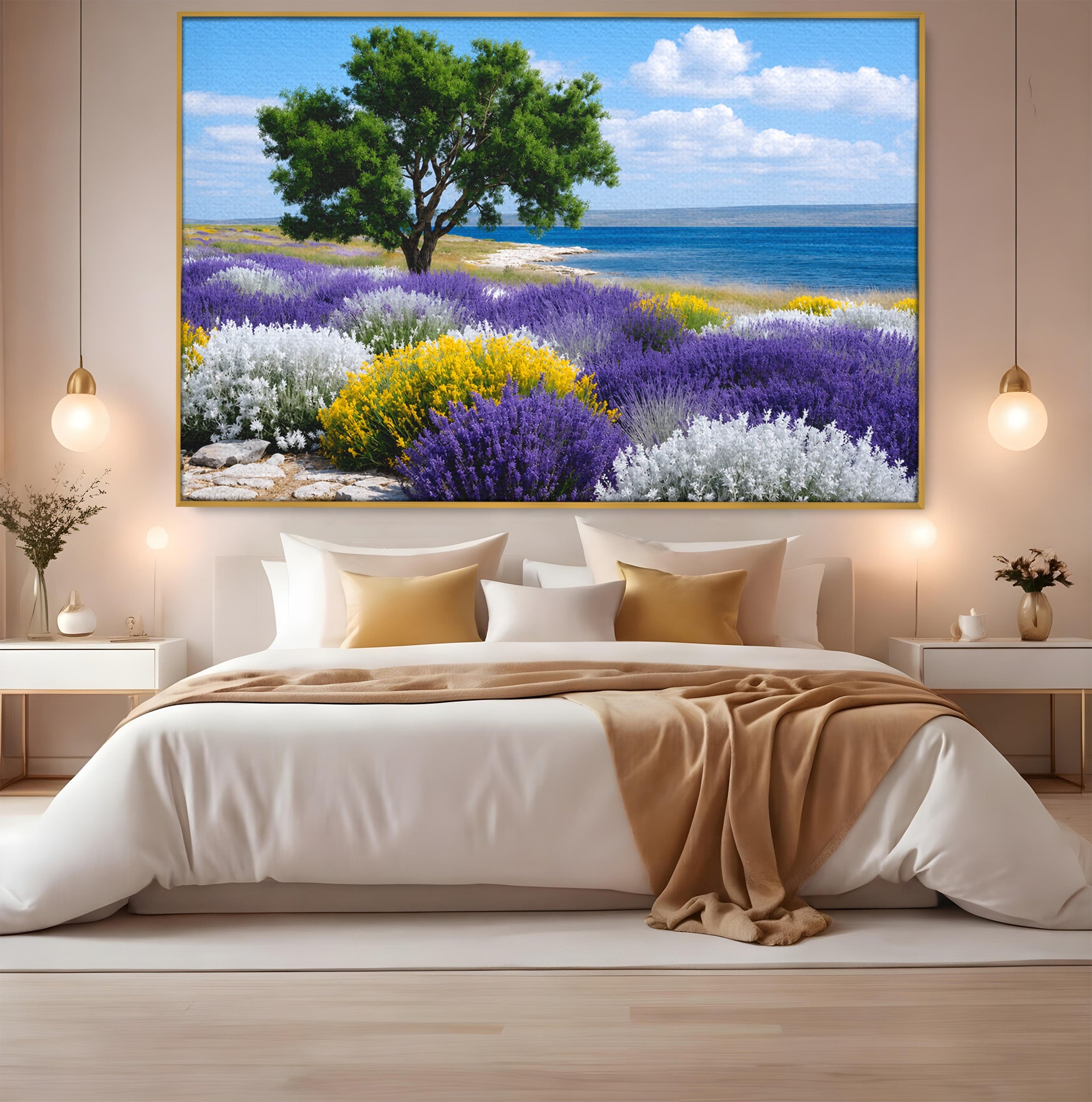 Tablou Canvas Premium LuxCanva® A1665, Peisaj De Vara Cu Lavanda, Peisaj, Lavanda, Copac, Natura, Vara, Living, Dormitor, Culori Vibrante
