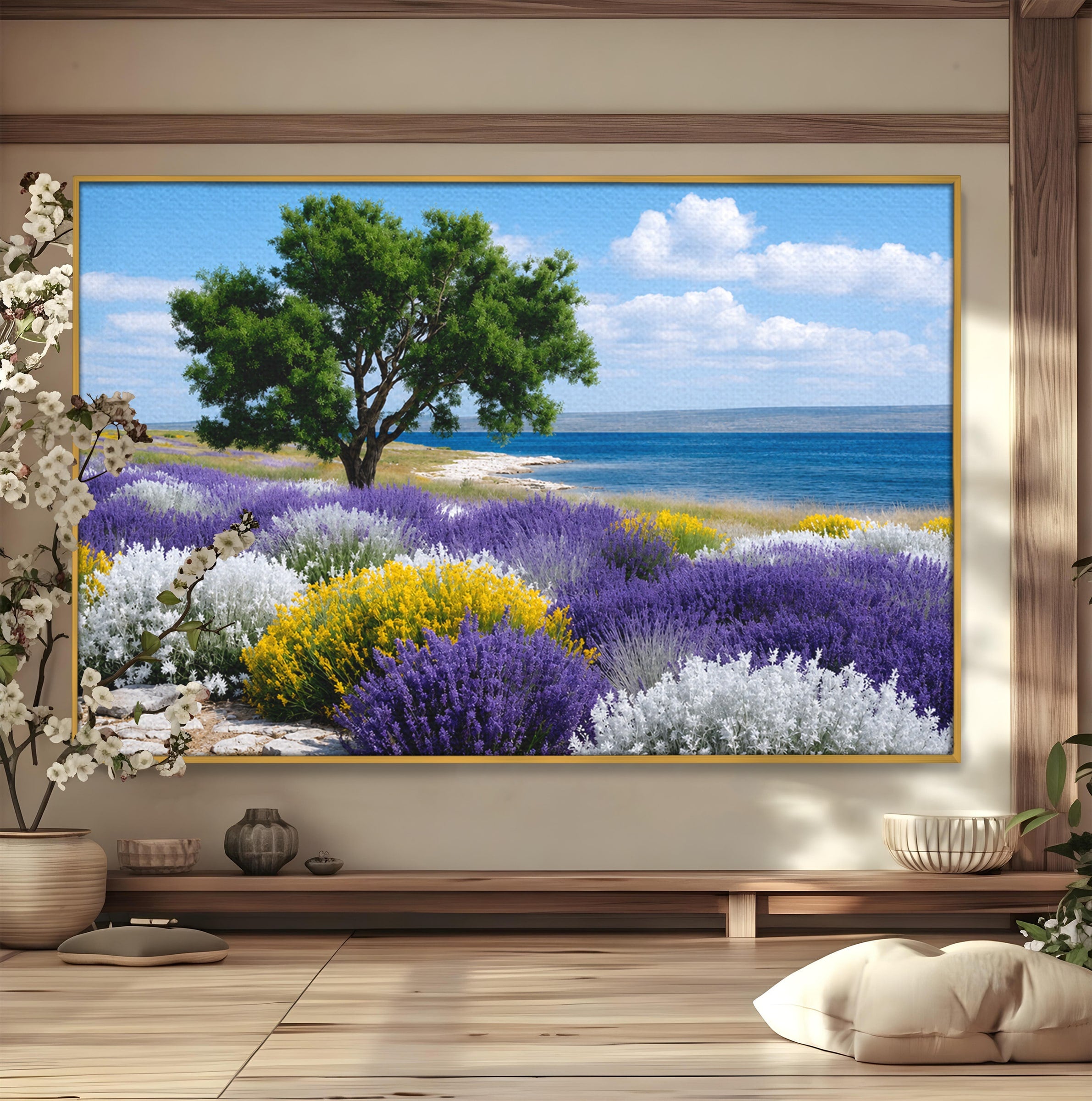 Tablou Canvas Premium LuxCanva® A1665, Peisaj De Vara Cu Lavanda, Peisaj, Lavanda, Copac, Natura, Vara, Living, Dormitor, Culori Vibrante