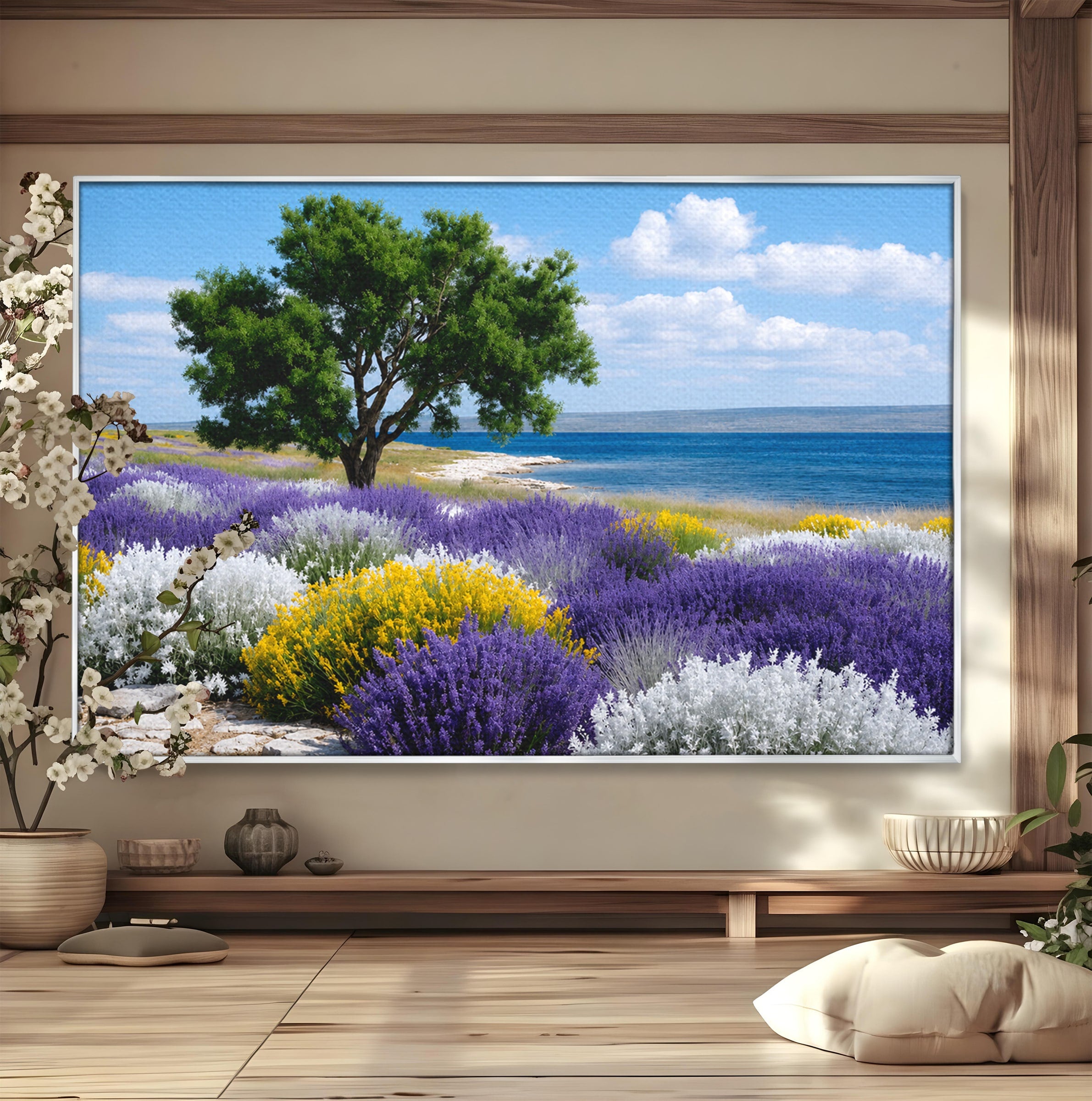 Tablou Canvas Premium LuxCanva® A1665, Peisaj De Vara Cu Lavanda, Peisaj, Lavanda, Copac, Natura, Vara, Living, Dormitor, Culori Vibrante