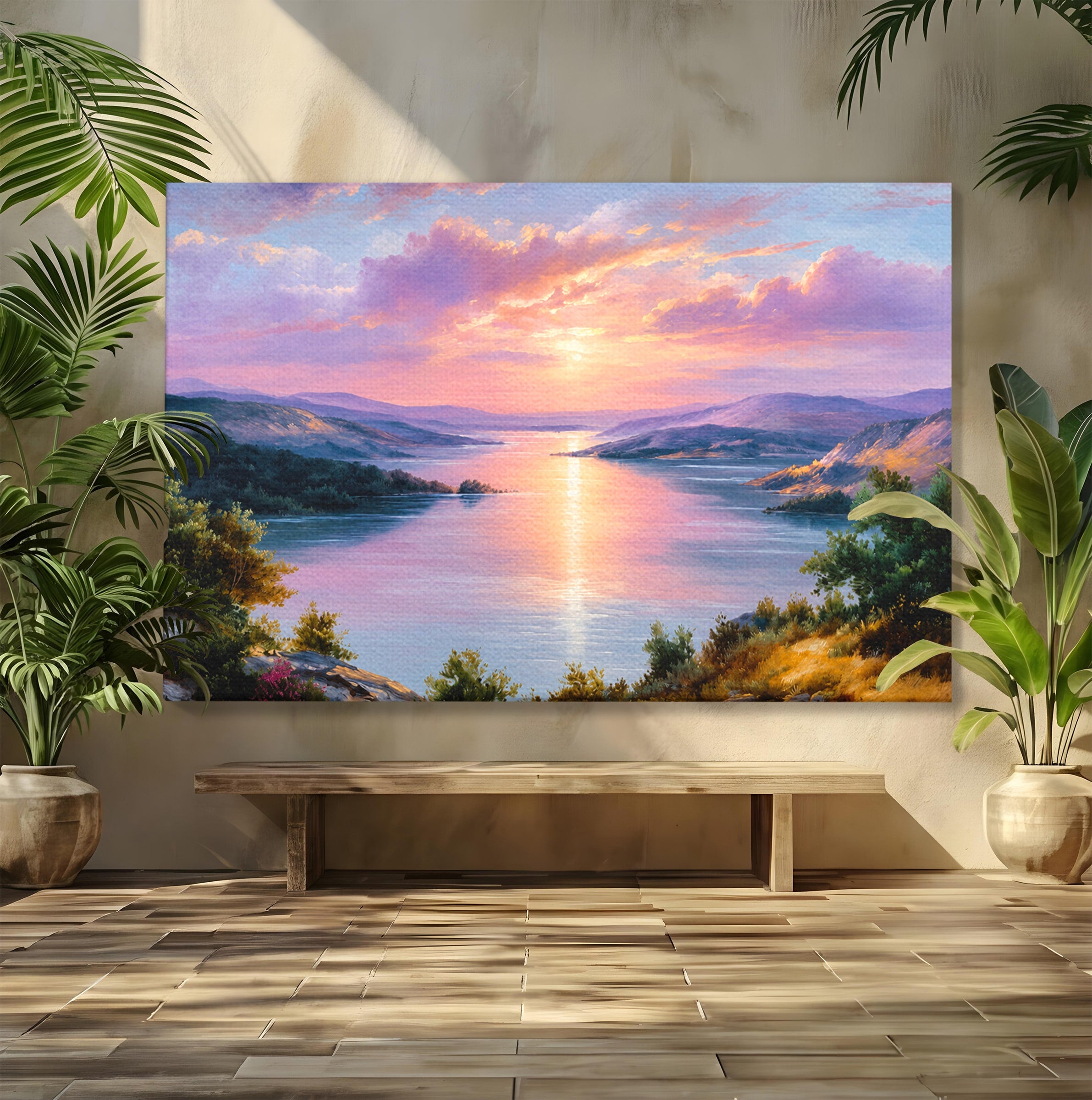 Tablou Canvas Premium LuxCanva® A1667, Peisaj Lacustru La Apus, Peisaj, Apus, Lac, Natura, Living, Dormitor, Culori Vibrante