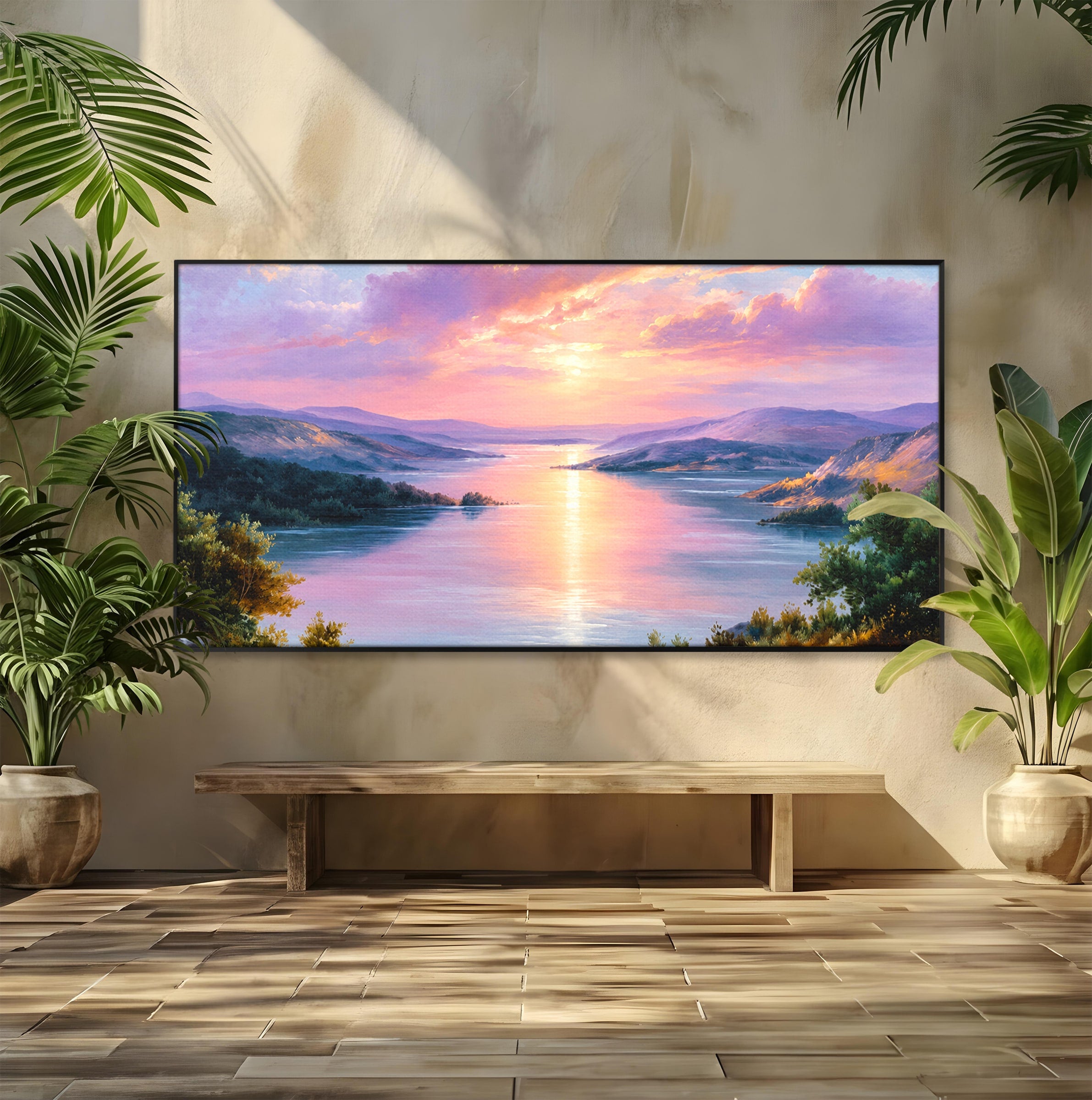 Tablou Canvas Premium LuxCanva® A1667, Peisaj Lacustru La Apus, Peisaj, Apus, Lac, Natura, Living, Dormitor, Culori Vibrante