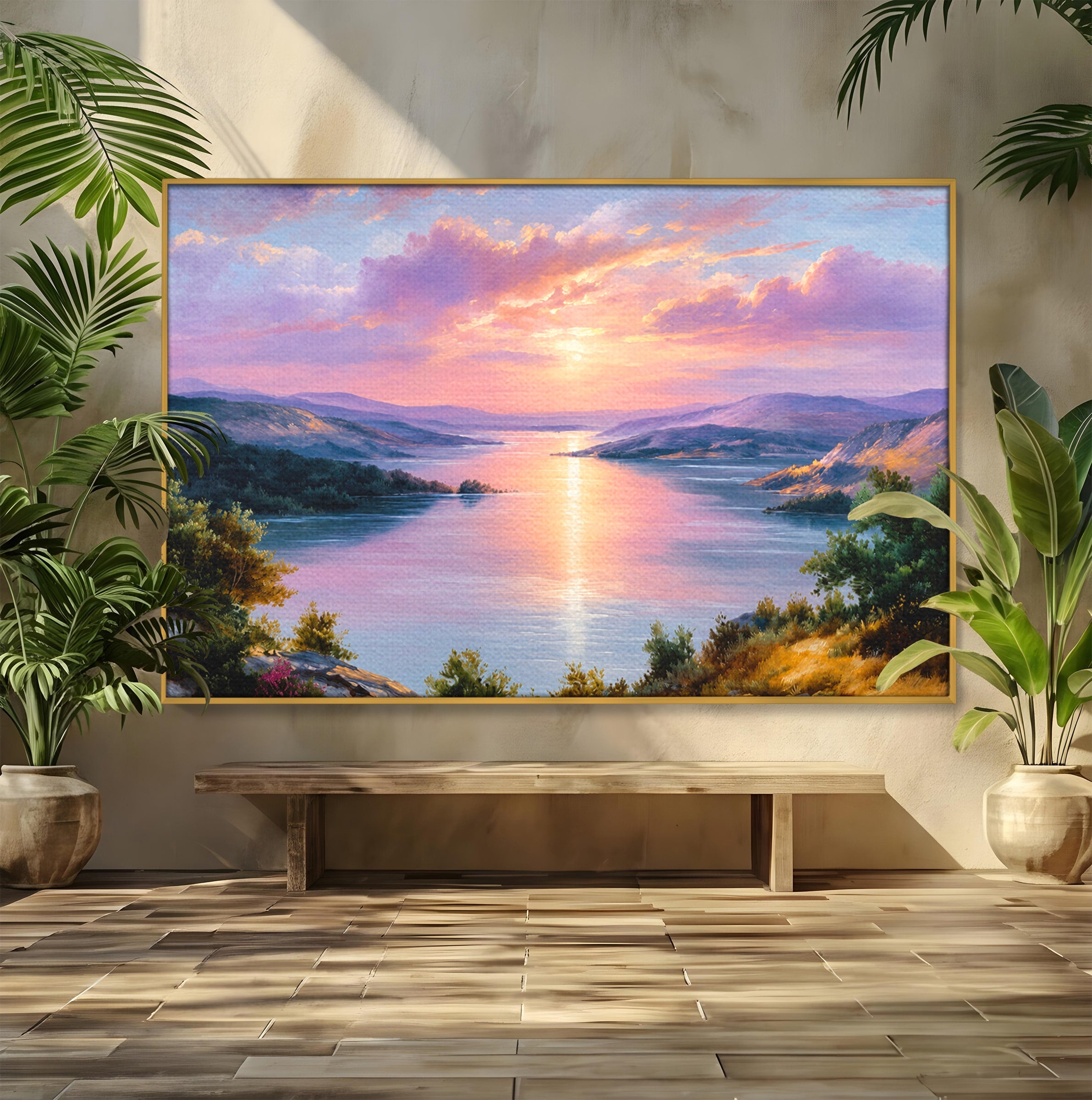Tablou Canvas Premium LuxCanva® A1667, Peisaj Lacustru La Apus, Peisaj, Apus, Lac, Natura, Living, Dormitor, Culori Vibrante