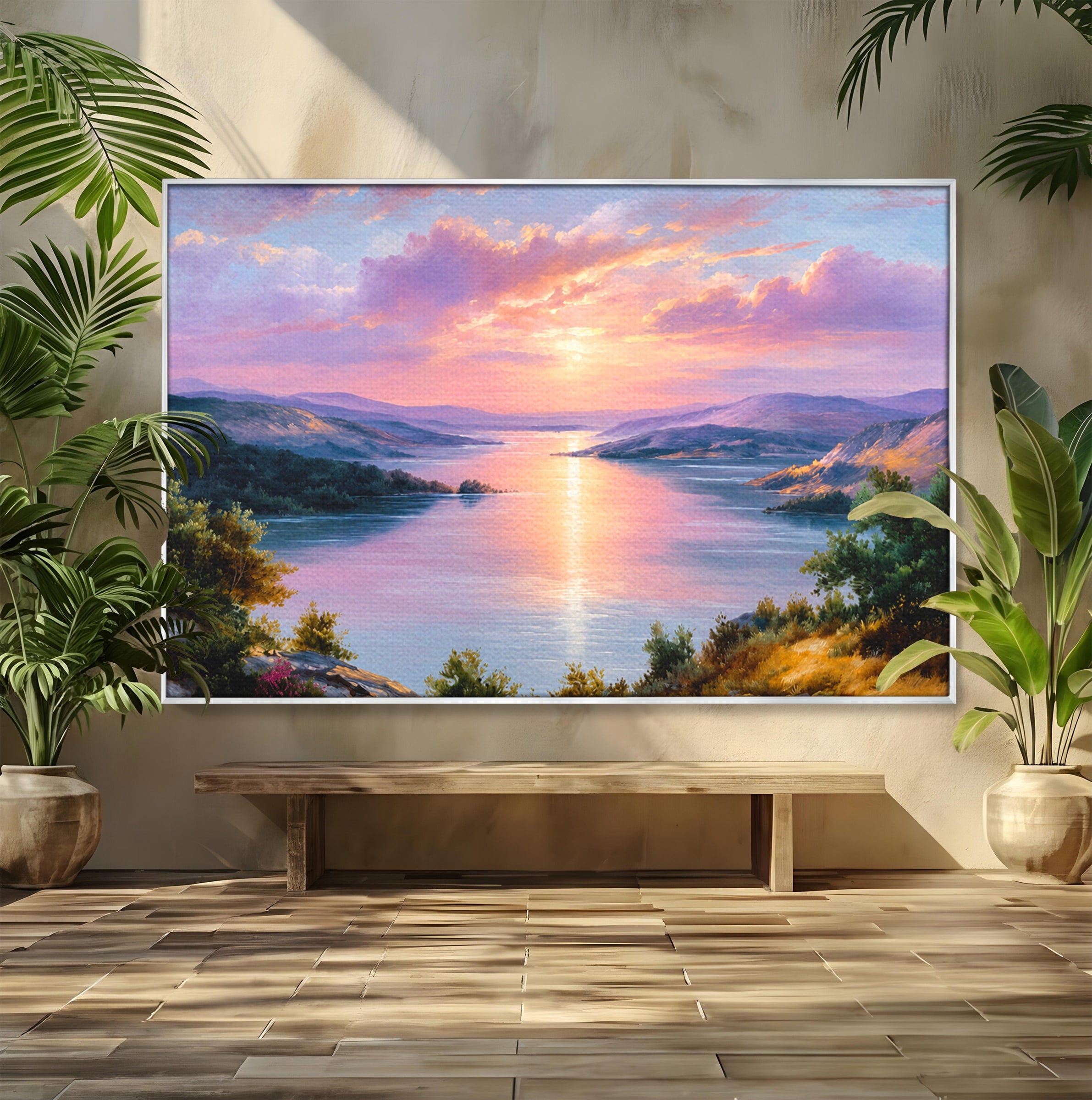 Tablou Canvas Premium LuxCanva® A1667, Peisaj Lacustru La Apus, Peisaj, Apus, Lac, Natura, Living, Dormitor, Culori Vibrante