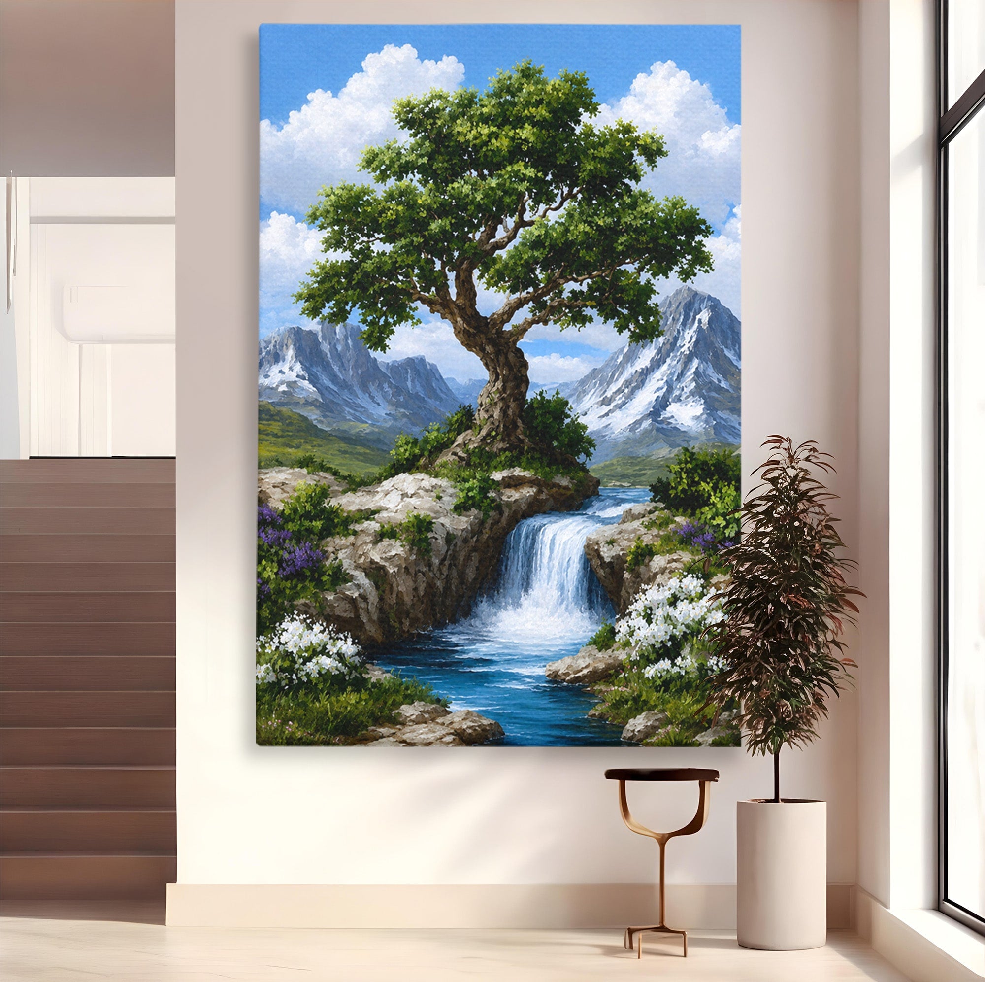 Tablou Canvas Premium LuxCanva® A1669, Muntele si Cascada, Munte, Cascada, Natura, Peisaj, Living, Culori Vibrante