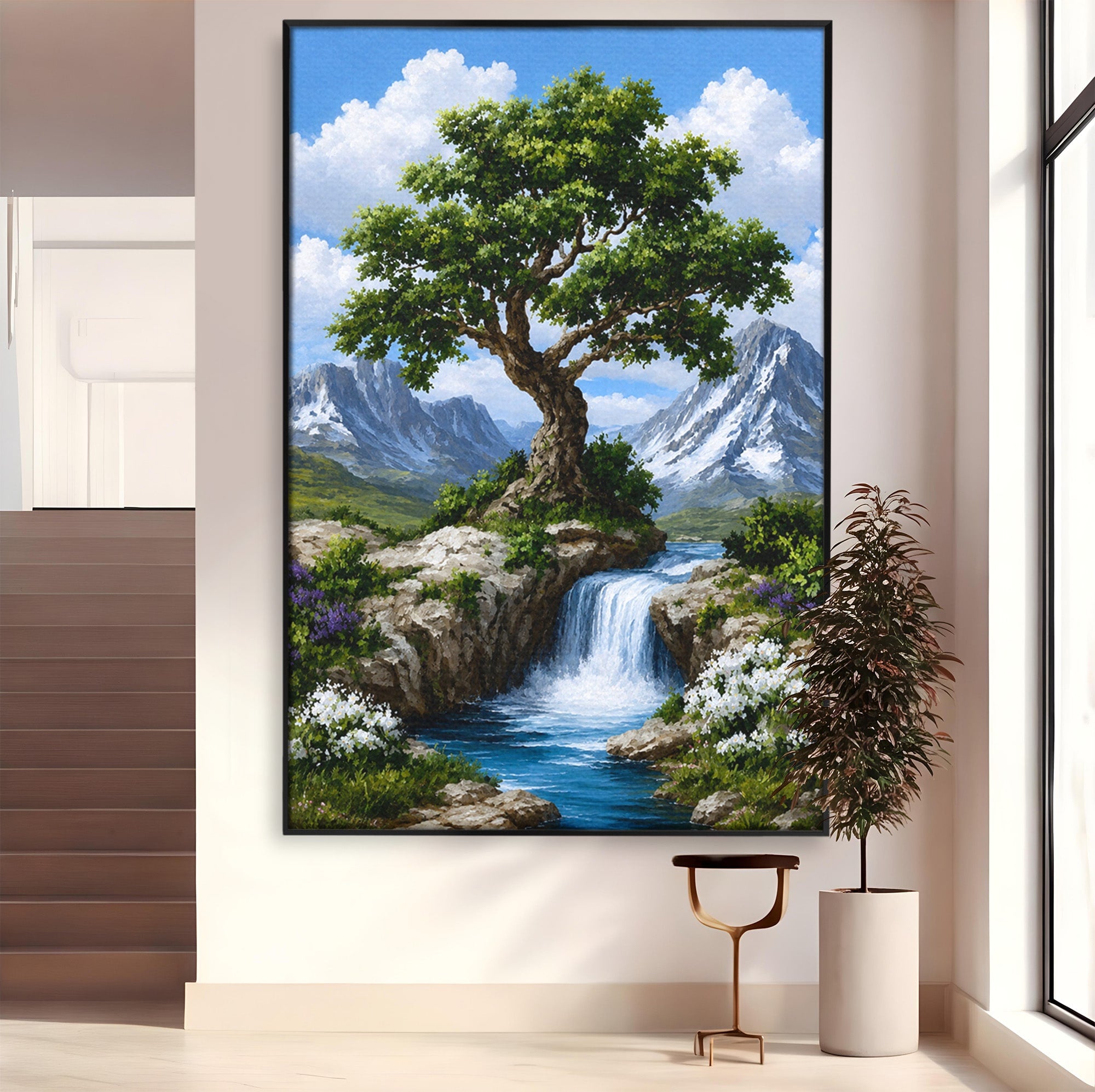 Tablou Canvas Premium LuxCanva® A1669, Muntele si Cascada, Munte, Cascada, Natura, Peisaj, Living, Culori Vibrante