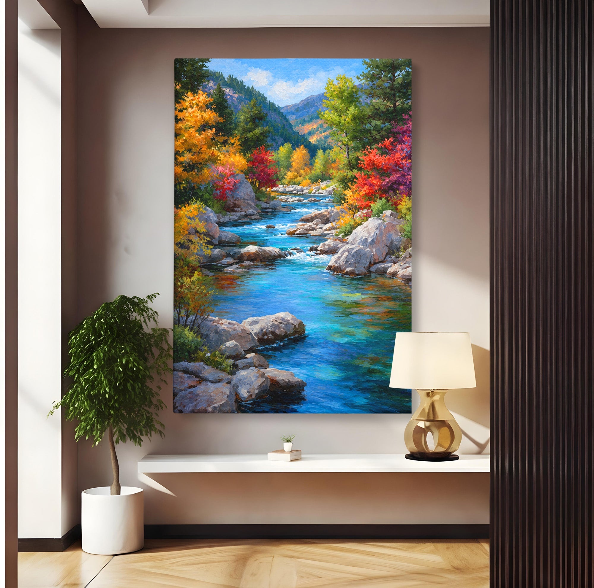 Tablou Canvas Premium LuxCanva® A1670, Rau De Munte In Toamna, Peisaj, Toamna, Natura, Rau, Living, Dormitor, Culori Vibrante