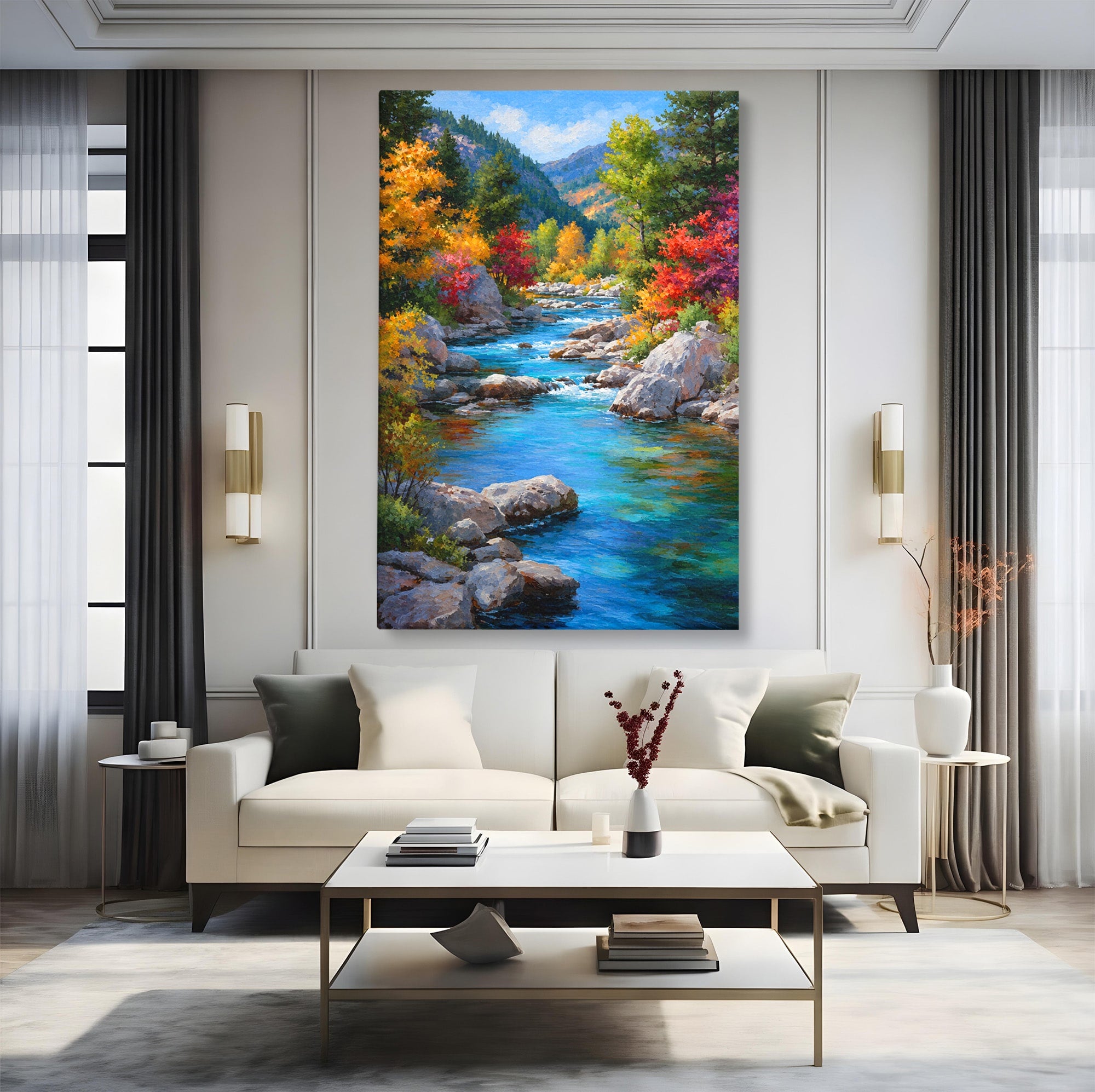 Tablou Canvas Premium LuxCanva® A1670, Rau De Munte In Toamna, Peisaj, Toamna, Natura, Rau, Living, Dormitor, Culori Vibrante