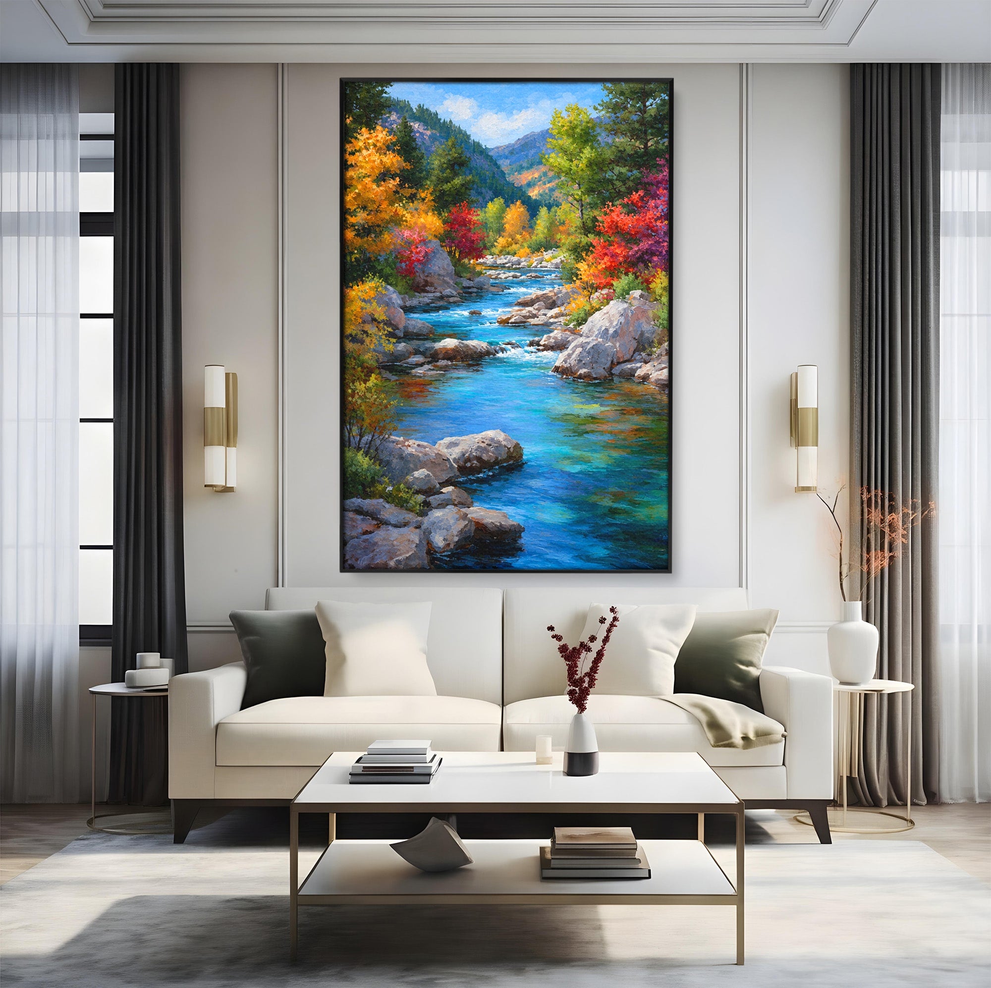 Tablou Canvas Premium LuxCanva® A1670, Rau De Munte In Toamna, Peisaj, Toamna, Natura, Rau, Living, Dormitor, Culori Vibrante