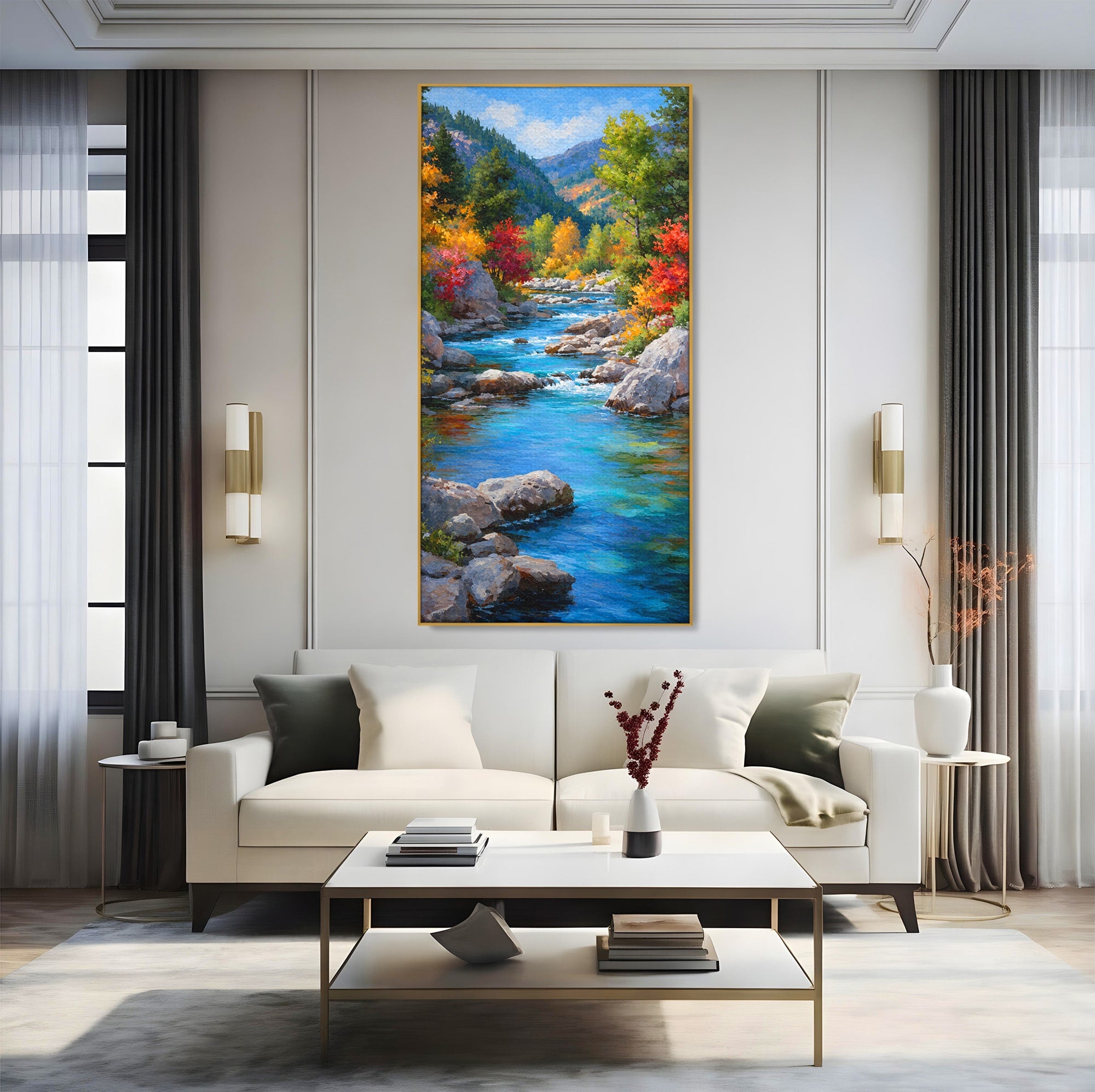 Tablou Canvas Premium LuxCanva® A1670, Rau De Munte In Toamna, Peisaj, Toamna, Natura, Rau, Living, Dormitor, Culori Vibrante