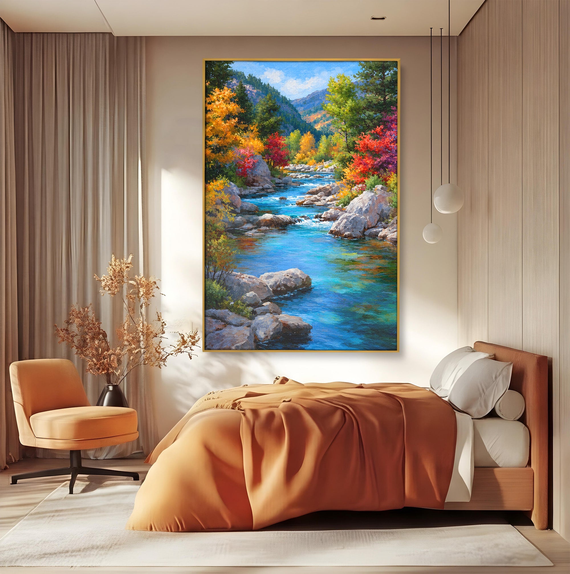 Tablou Canvas Premium LuxCanva® A1670, Rau De Munte In Toamna, Peisaj, Toamna, Natura, Rau, Living, Dormitor, Culori Vibrante