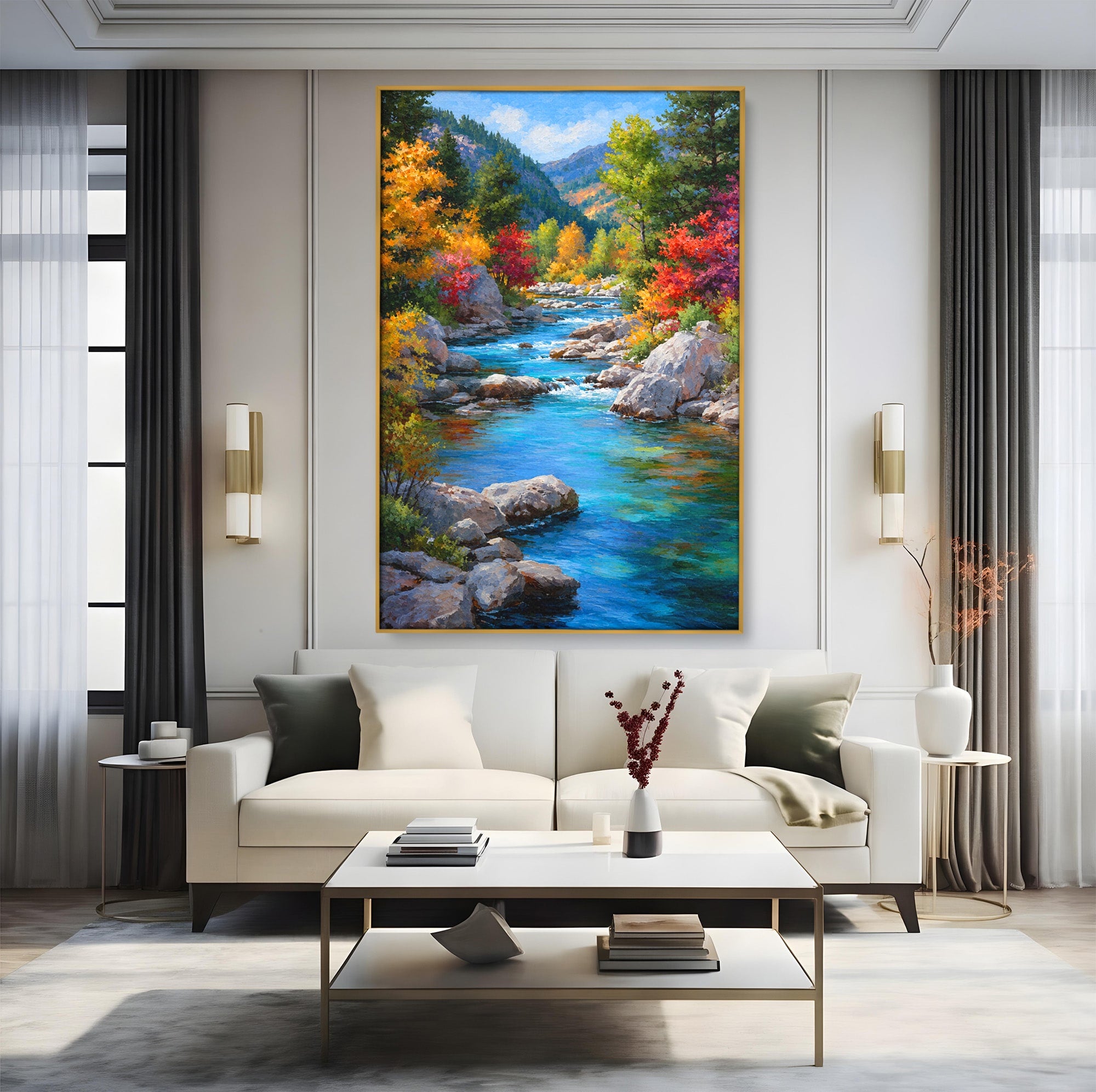 Tablou Canvas Premium LuxCanva® A1670, Rau De Munte In Toamna, Peisaj, Toamna, Natura, Rau, Living, Dormitor, Culori Vibrante