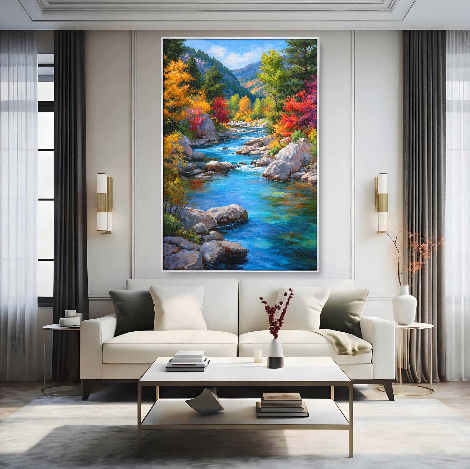 Tablou Canvas Premium LuxCanva® A1670, Rau De Munte In Toamna, Peisaj, Toamna, Natura, Rau, Living, Dormitor, Culori Vibrante