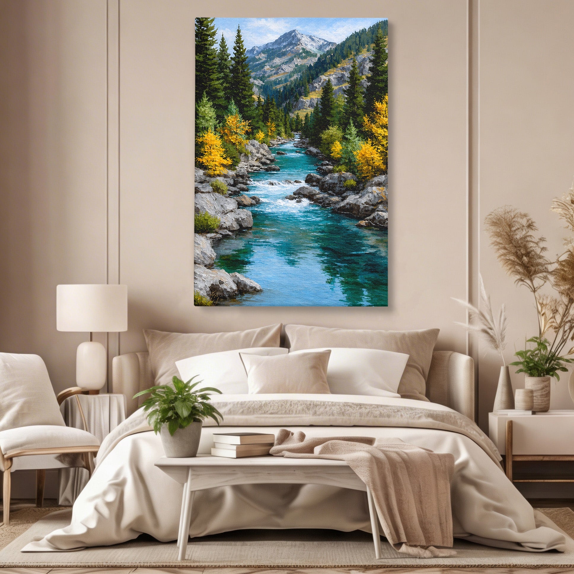 Tablou Canvas Premium LuxCanva® A1671, Peisaj Montan Cu Rau, Peisaj, Munti, Rau, Natura, Living, Culori Vibrante