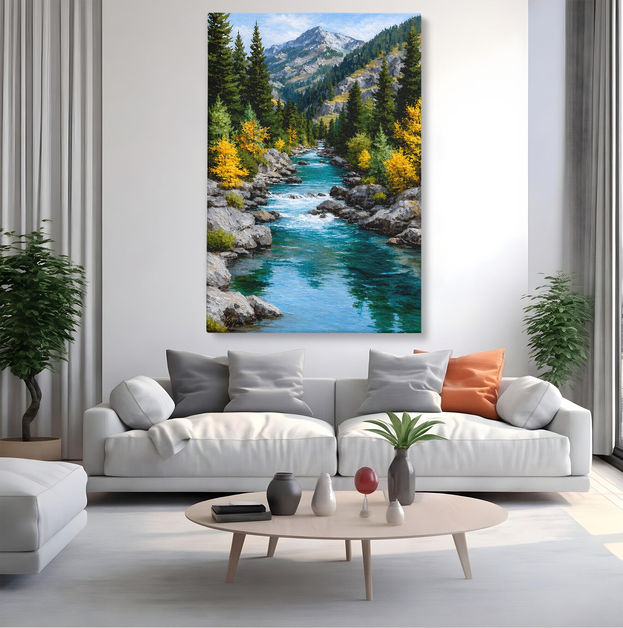 Tablou Canvas Premium LuxCanva® A1671, Peisaj Montan Cu Rau, Peisaj, Munti, Rau, Natura, Living, Culori Vibrante