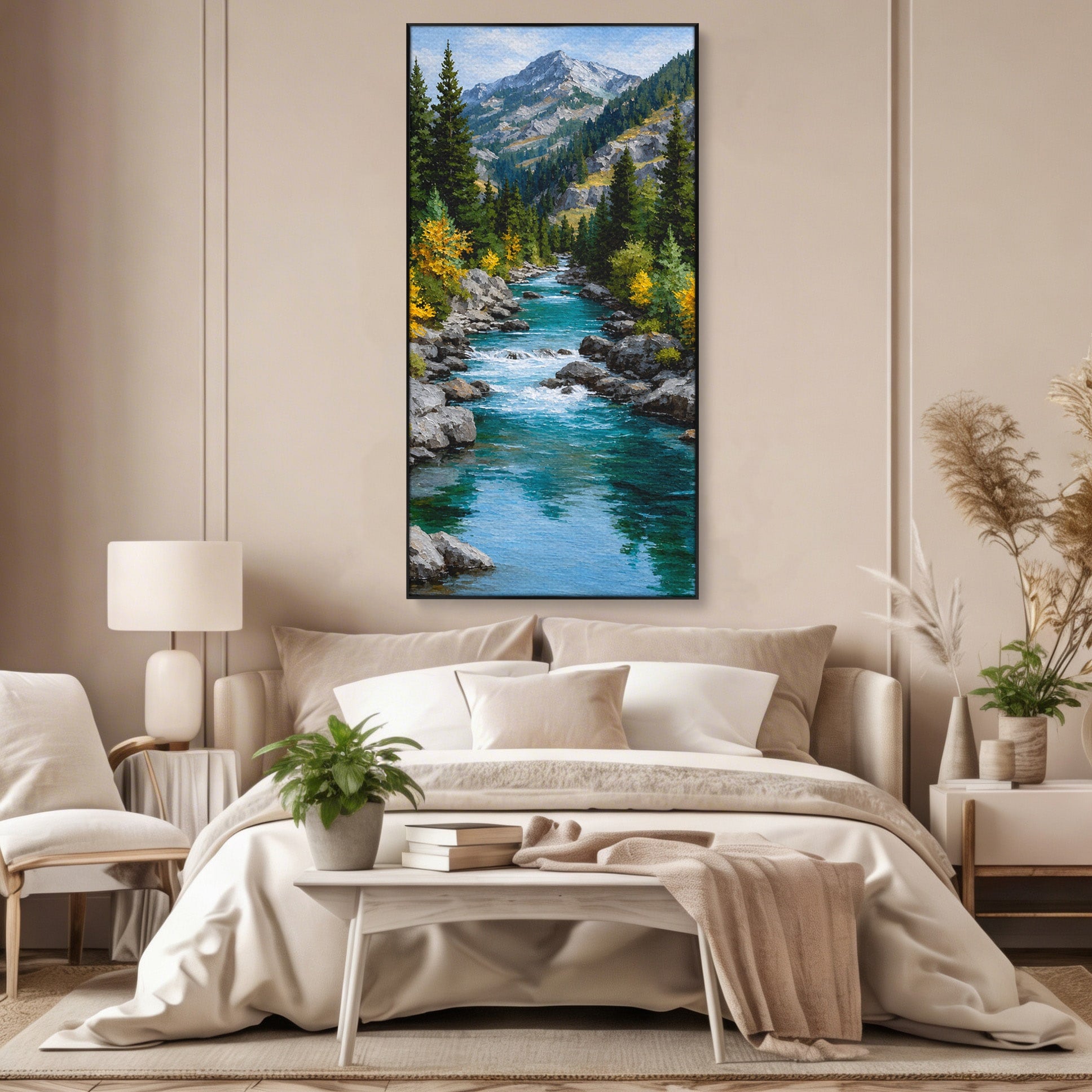 Tablou Canvas Premium LuxCanva® A1671, Peisaj Montan Cu Rau, Peisaj, Munti, Rau, Natura, Living, Culori Vibrante