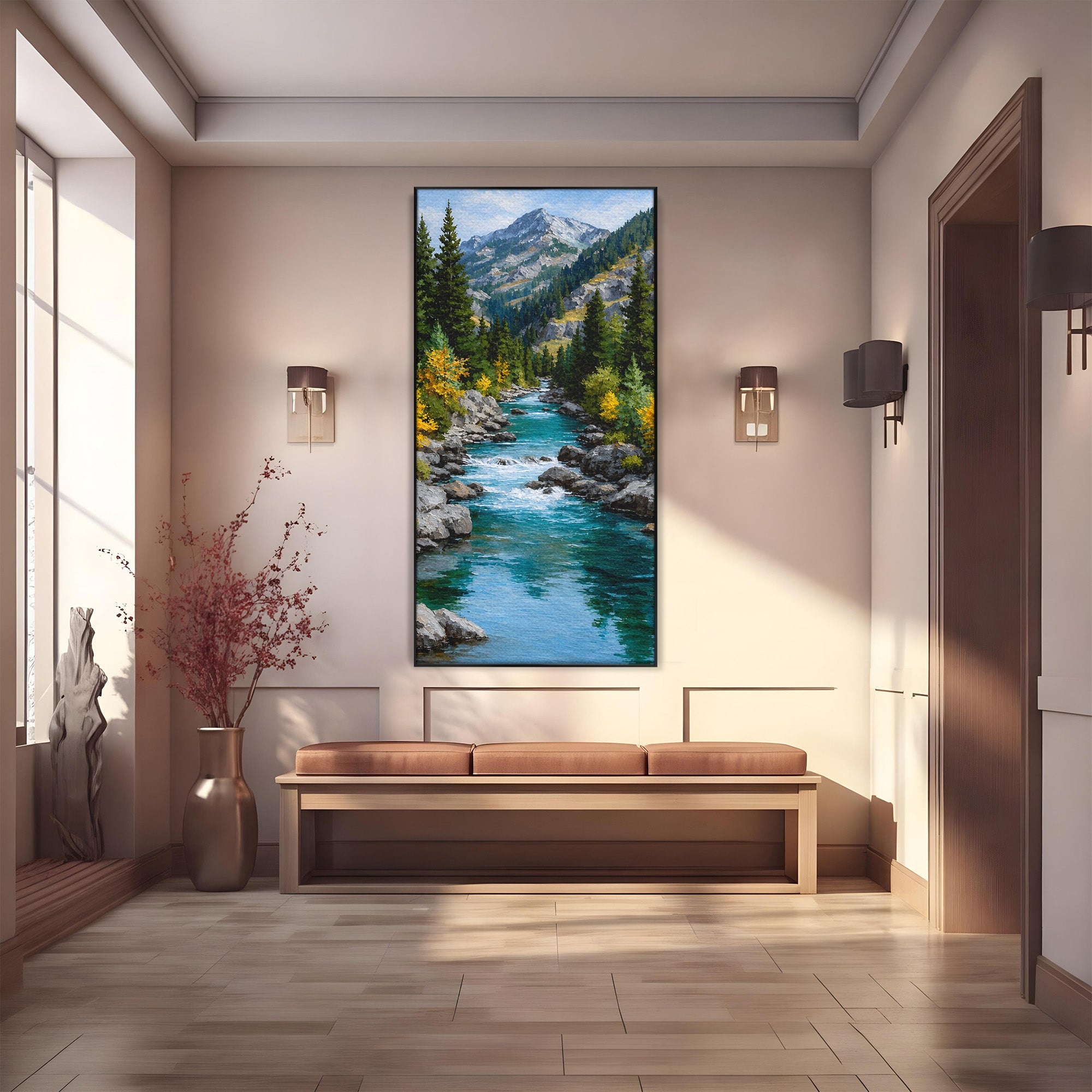 Tablou Canvas Premium LuxCanva® A1671, Peisaj Montan Cu Rau, Peisaj, Munti, Rau, Natura, Living, Culori Vibrante