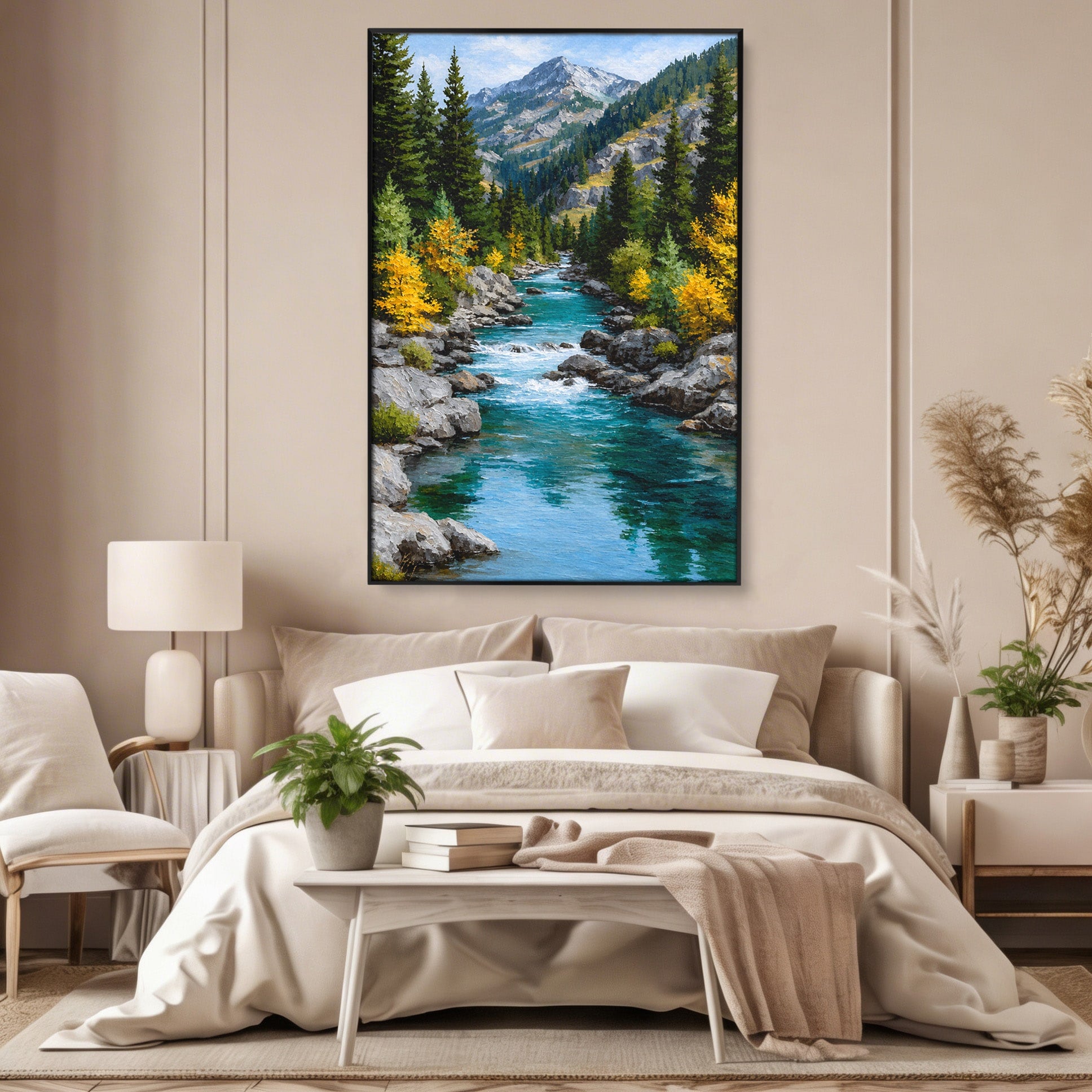 Tablou Canvas Premium LuxCanva® A1671, Peisaj Montan Cu Rau, Peisaj, Munti, Rau, Natura, Living, Culori Vibrante