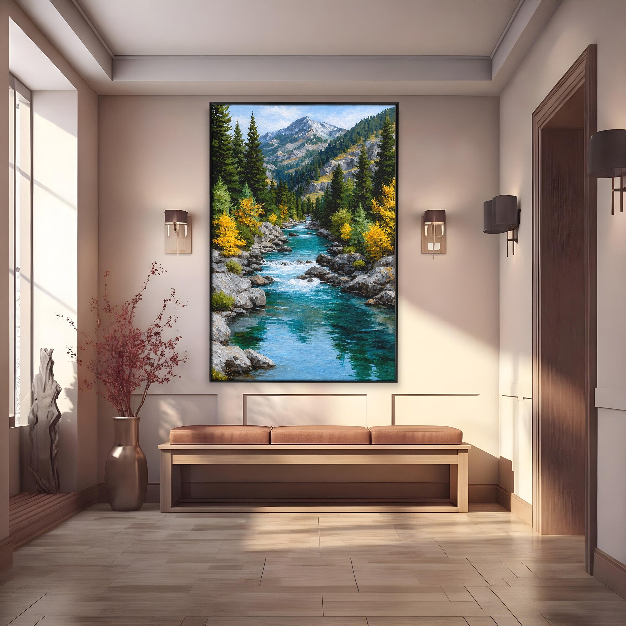 Tablou Canvas Premium LuxCanva® A1671, Peisaj Montan Cu Rau, Peisaj, Munti, Rau, Natura, Living, Culori Vibrante