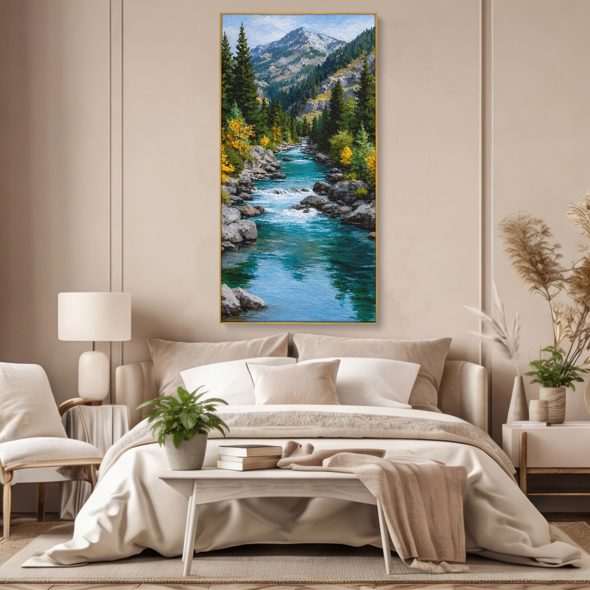 Tablou Canvas Premium LuxCanva® A1671, Peisaj Montan Cu Rau, Peisaj, Munti, Rau, Natura, Living, Culori Vibrante
