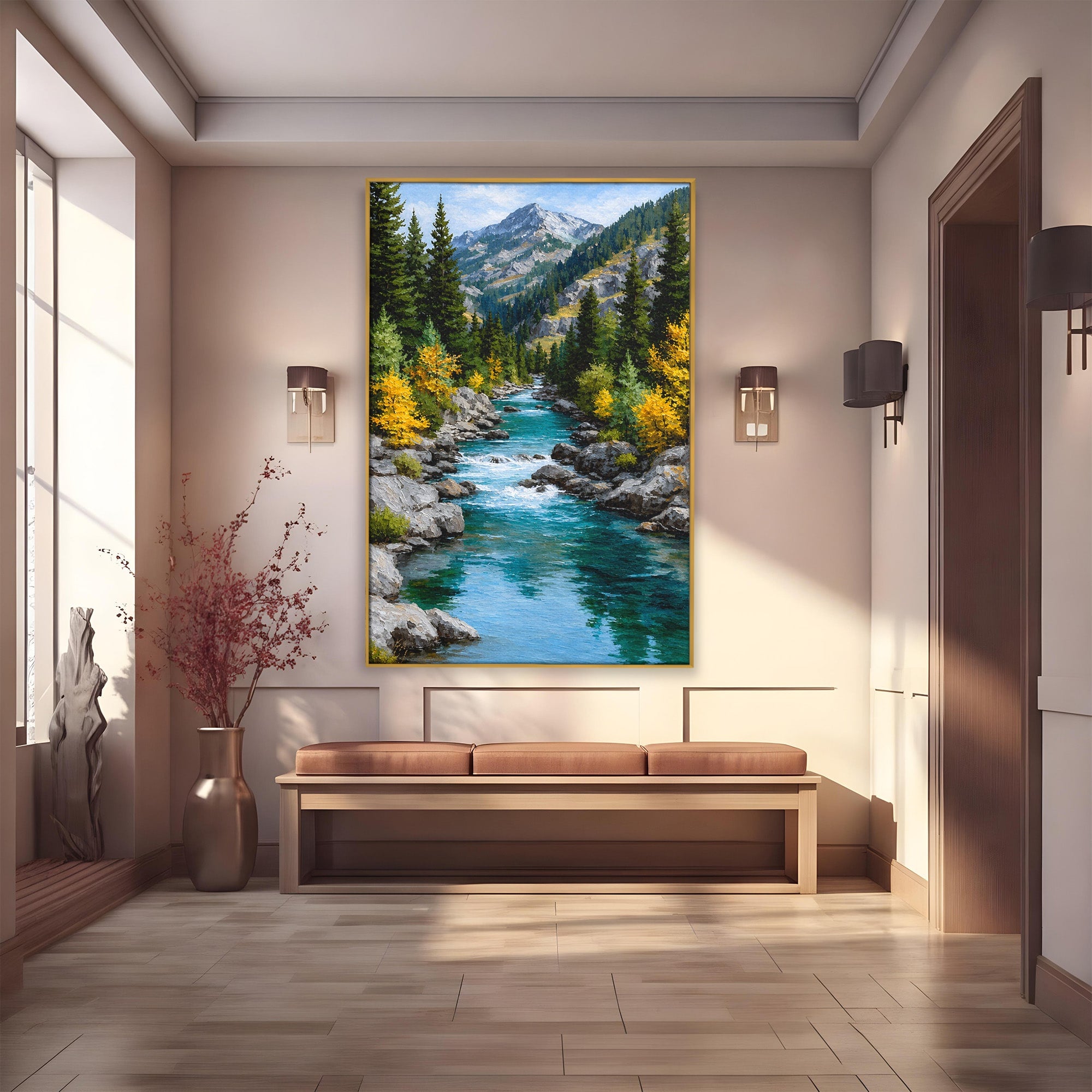 Tablou Canvas Premium LuxCanva® A1671, Peisaj Montan Cu Rau, Peisaj, Munti, Rau, Natura, Living, Culori Vibrante