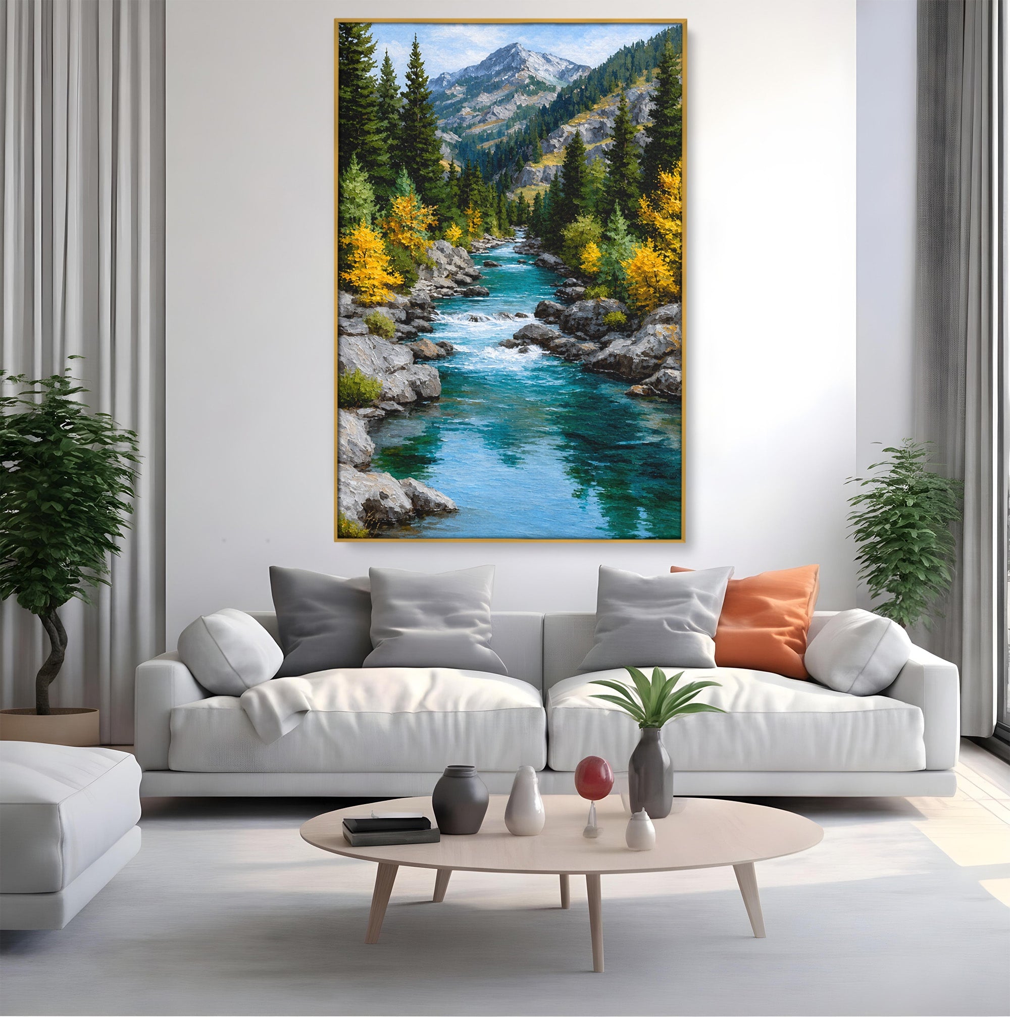Tablou Canvas Premium LuxCanva® A1671, Peisaj Montan Cu Rau, Peisaj, Munti, Rau, Natura, Living, Culori Vibrante