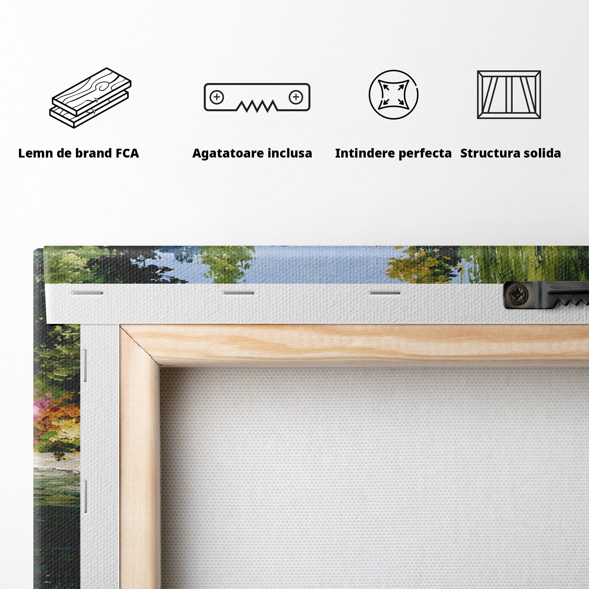 Tablou Canvas Premium LuxCanva® A1673, Peisaj De Vara Cu Lac Linistit, Lac, Flori, Peisaj, Natura, Living, Culori Vibrante