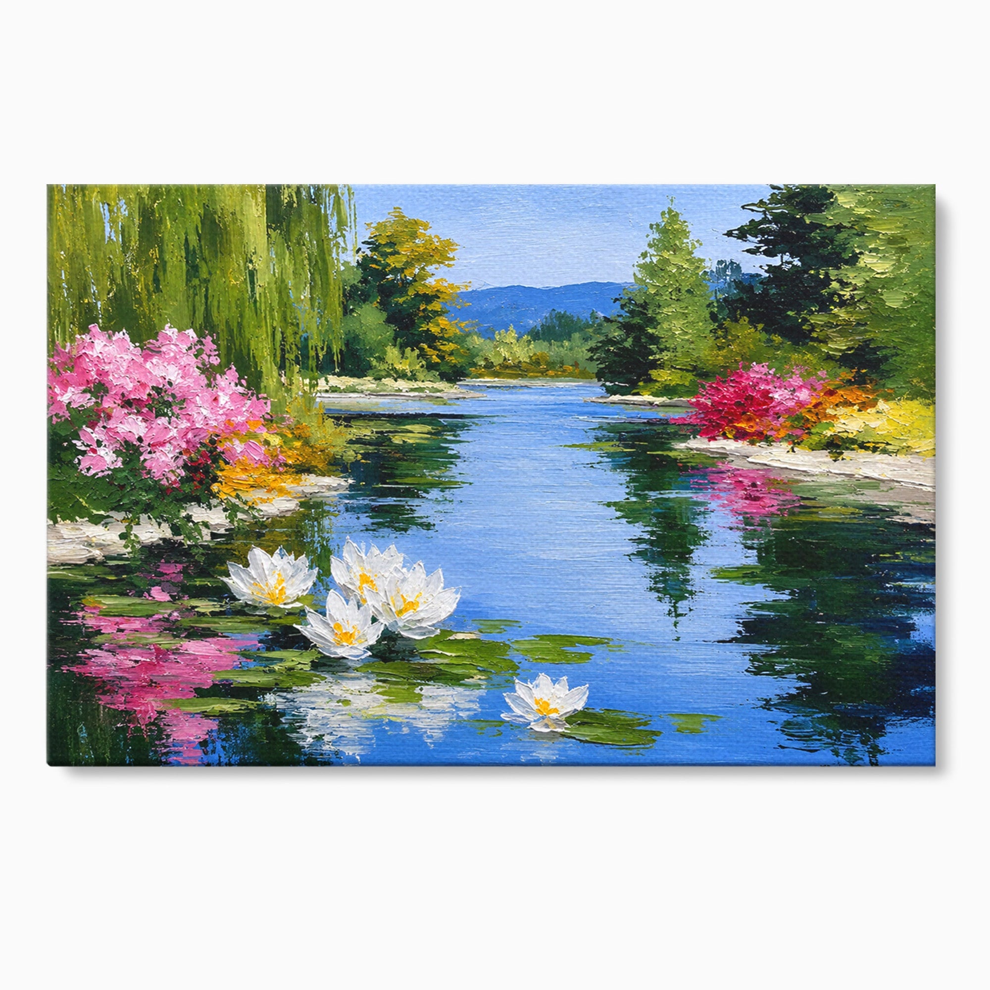 Tablou Canvas Premium LuxCanva® A1673, Peisaj De Vara Cu Lac Linistit, Lac, Flori, Peisaj, Natura, Living, Culori Vibrante