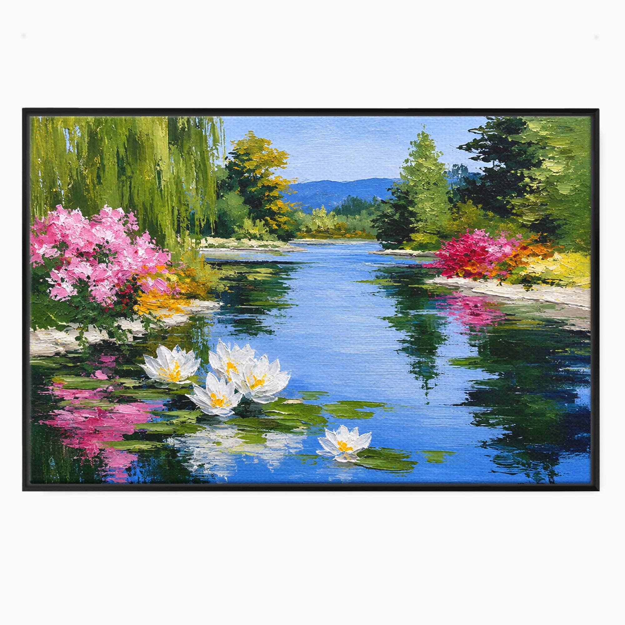 Tablou Canvas Premium LuxCanva® A1673, Peisaj De Vara Cu Lac Linistit, Lac, Flori, Peisaj, Natura, Living, Culori Vibrante