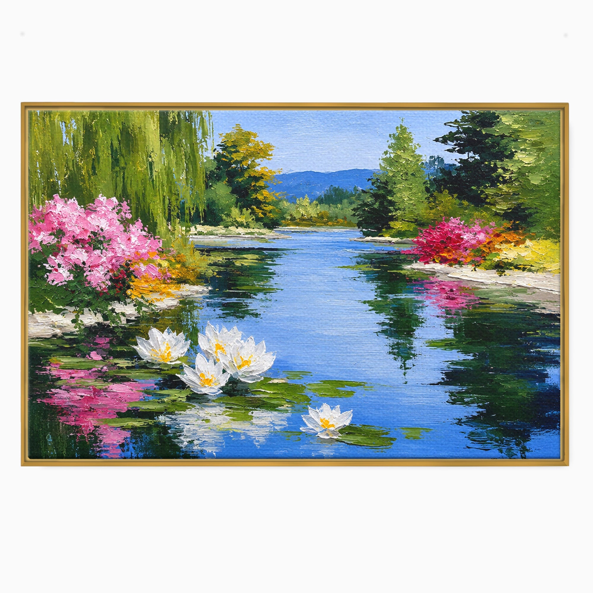 Tablou Canvas Premium LuxCanva® A1673, Peisaj De Vara Cu Lac Linistit, Lac, Flori, Peisaj, Natura, Living, Culori Vibrante