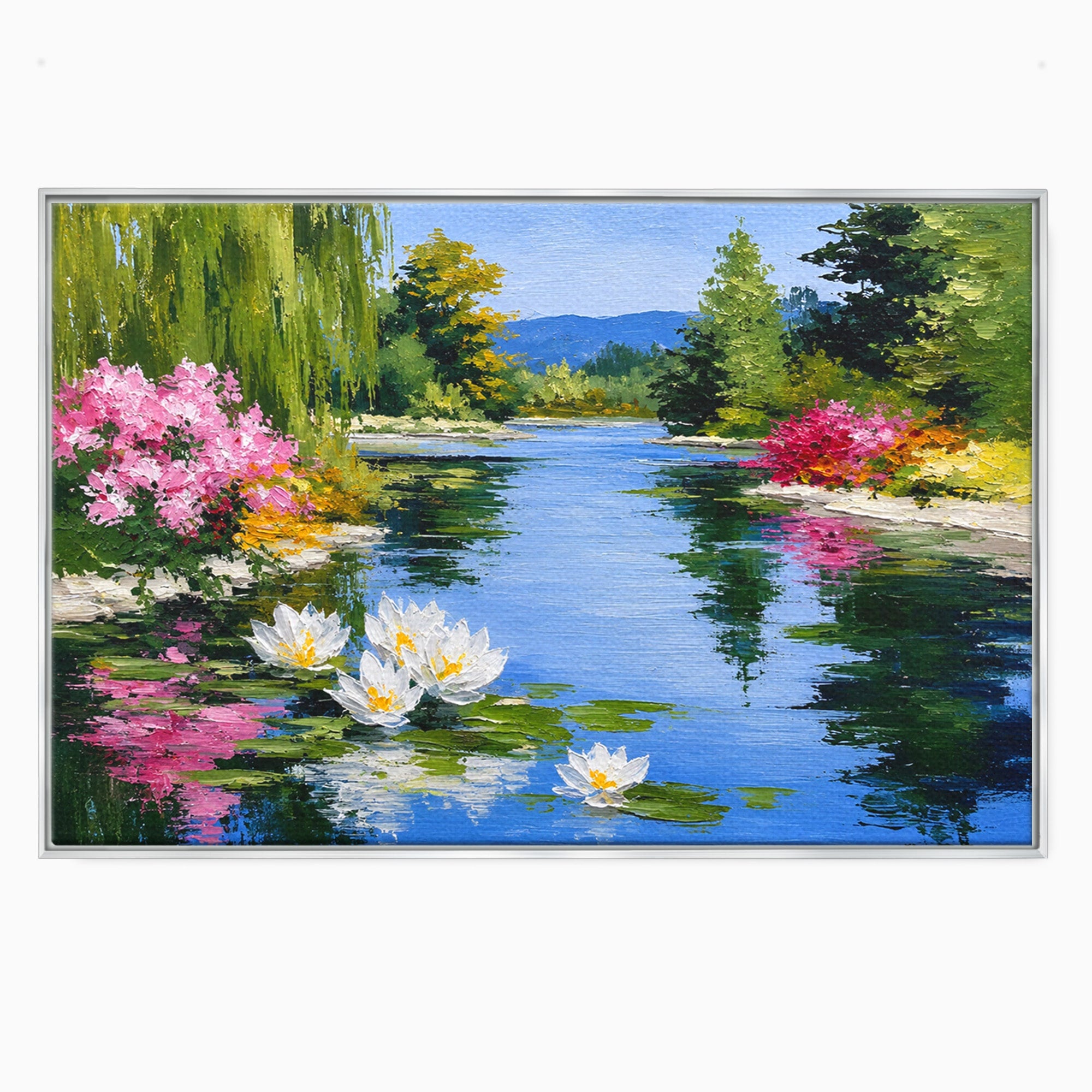 Tablou Canvas Premium LuxCanva® A1673, Peisaj De Vara Cu Lac Linistit, Lac, Flori, Peisaj, Natura, Living, Culori Vibrante