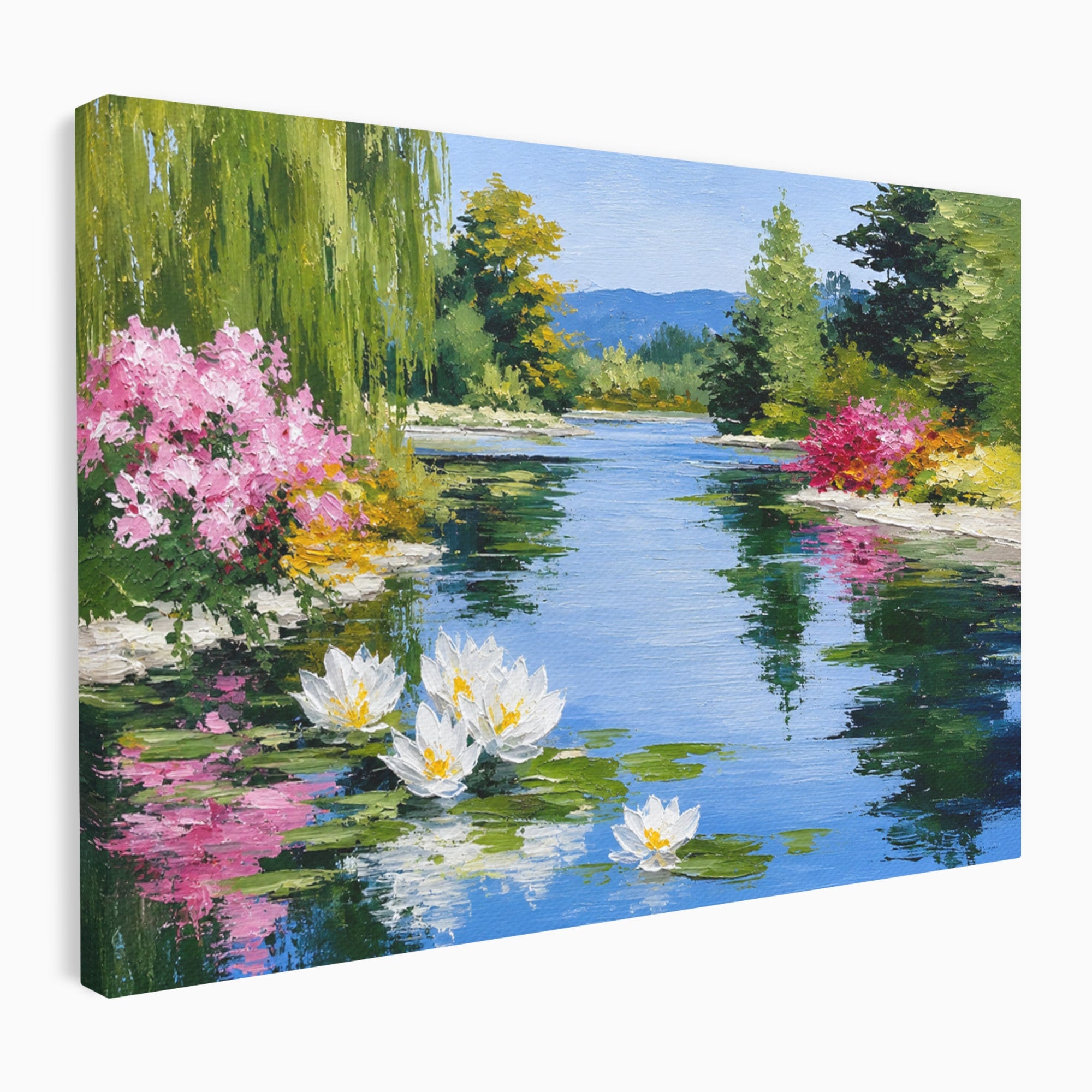 Tablou Canvas Premium LuxCanva® A1673, Peisaj De Vara Cu Lac Linistit, Lac, Flori, Peisaj, Natura, Living, Culori Vibrante
