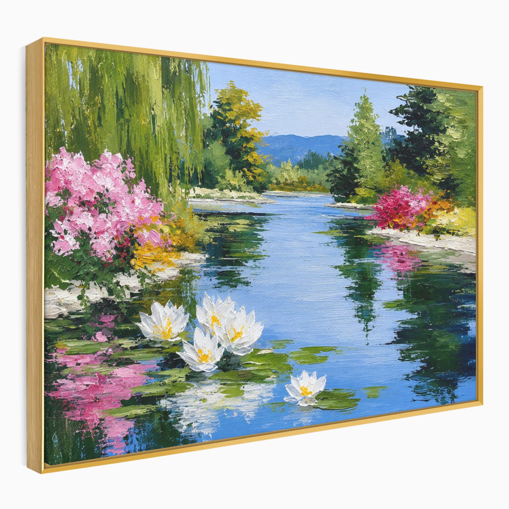 Tablou Canvas Premium LuxCanva® A1673, Peisaj De Vara Cu Lac Linistit, Lac, Flori, Peisaj, Natura, Living, Culori Vibrante