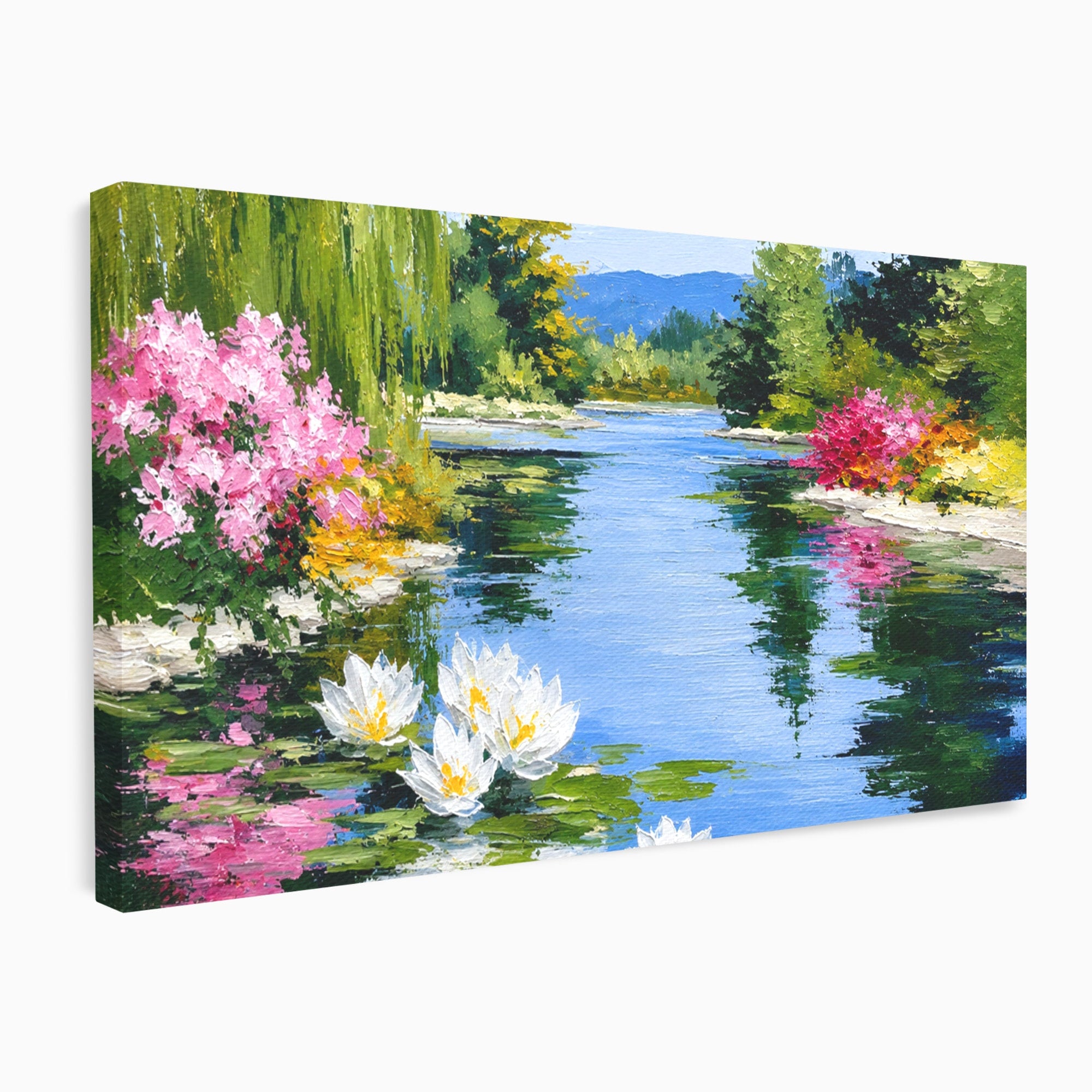 Tablou Canvas Premium LuxCanva® A1673, Peisaj De Vara Cu Lac Linistit, Lac, Flori, Peisaj, Natura, Living, Culori Vibrante