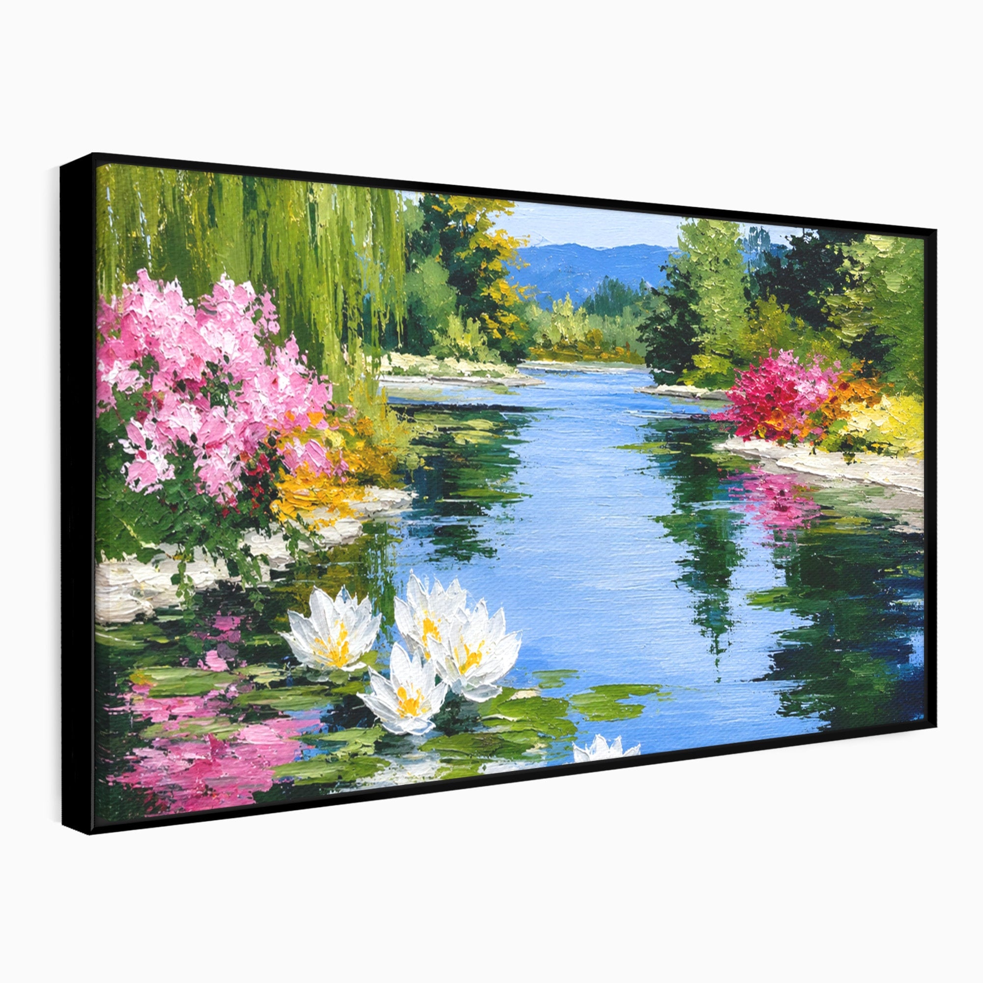 Tablou Canvas Premium LuxCanva® A1673, Peisaj De Vara Cu Lac Linistit, Lac, Flori, Peisaj, Natura, Living, Culori Vibrante